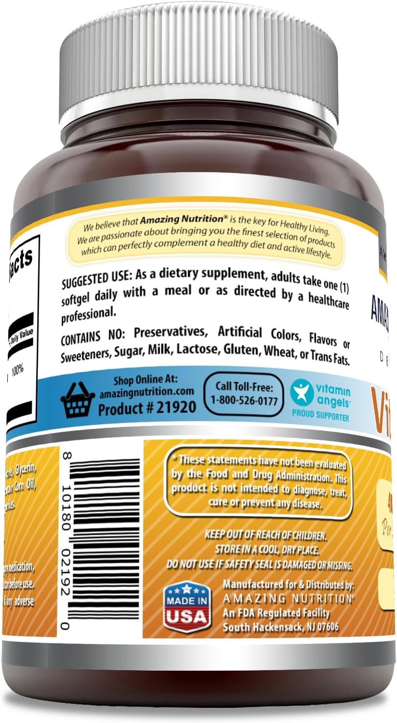 High-Quality Vitamin D3 400 IU Softgels | 180 Count | Non-GMO & Gluten-Free | Made in USA by Amazing Nutrition