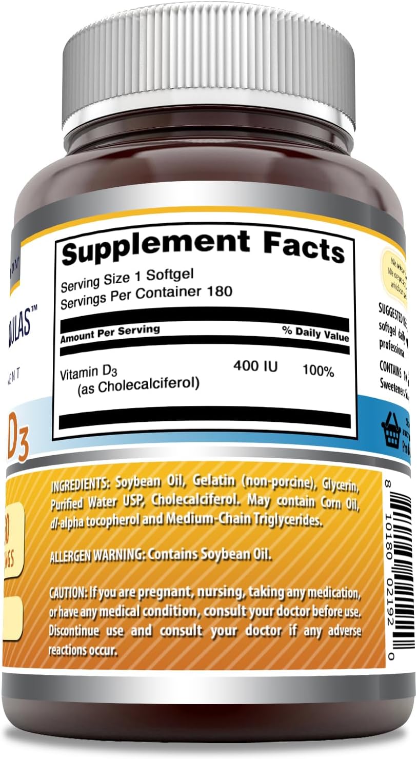 High-Quality Vitamin D3 400 IU Softgels | 180 Count | Non-GMO & Gluten-Free | Made in USA by Amazing Nutrition