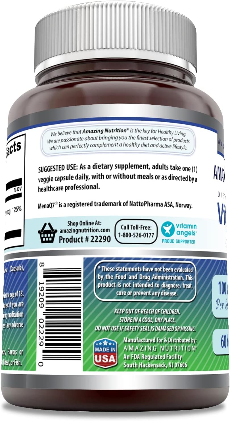 High-Quality Vitamin K2 Menaq7 MK7 Supplement - 100 mcg Veggie Capsules - Non-GMO & Gluten Free - Made in USA - 60 Count Pack