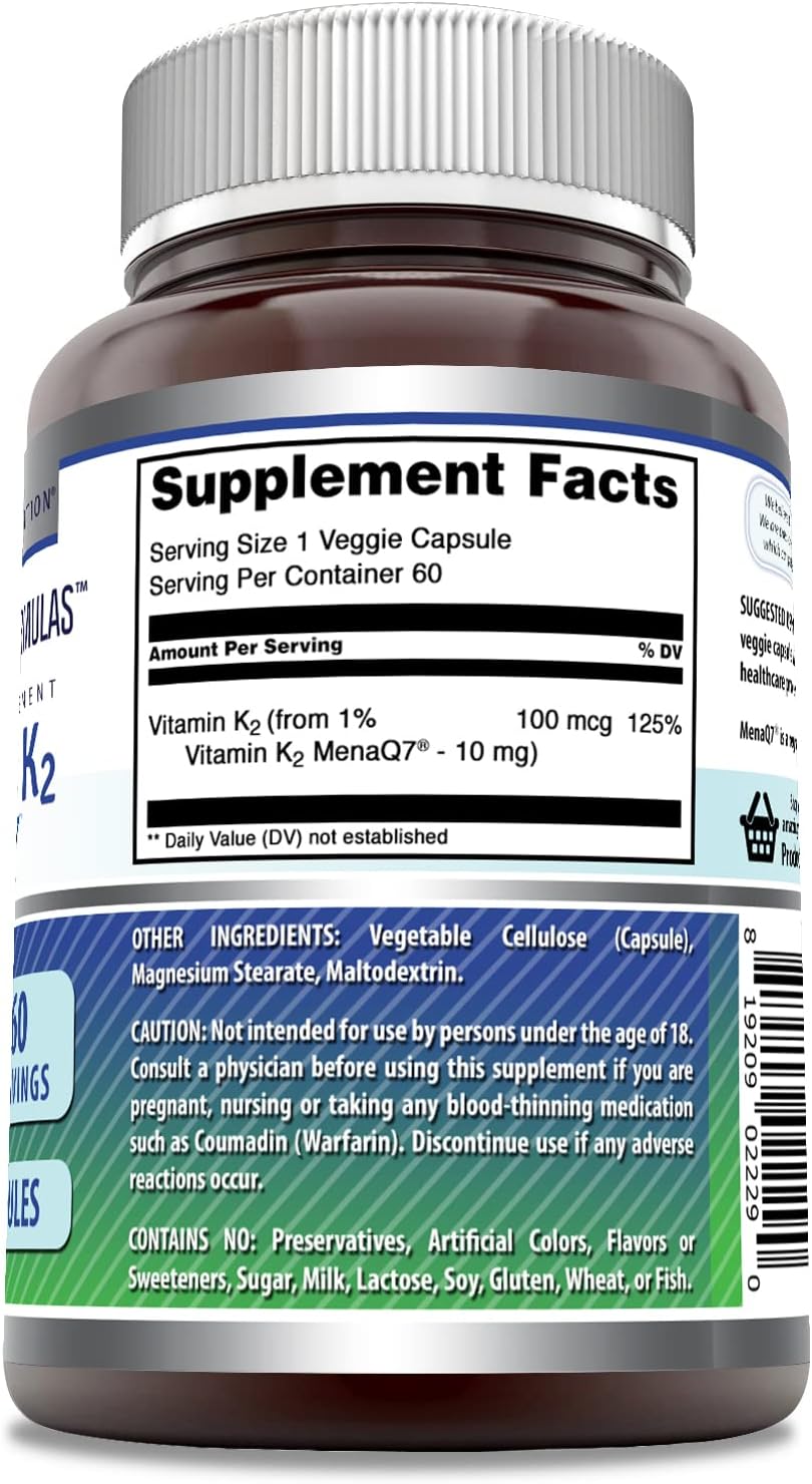 High-Quality Vitamin K2 Menaq7 MK7 Supplement - 100 mcg Veggie Capsules - Non-GMO & Gluten Free - Made in USA - 60 Count Pack