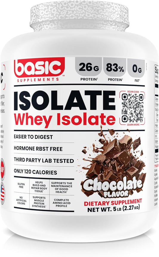 High-Quality Whey Protein Isolate - 26g Protein, 0g Fat, Gluten-Free, RBST-Free, Fast Absorption, 120 Calories - Chocolate Flavor - 5lb