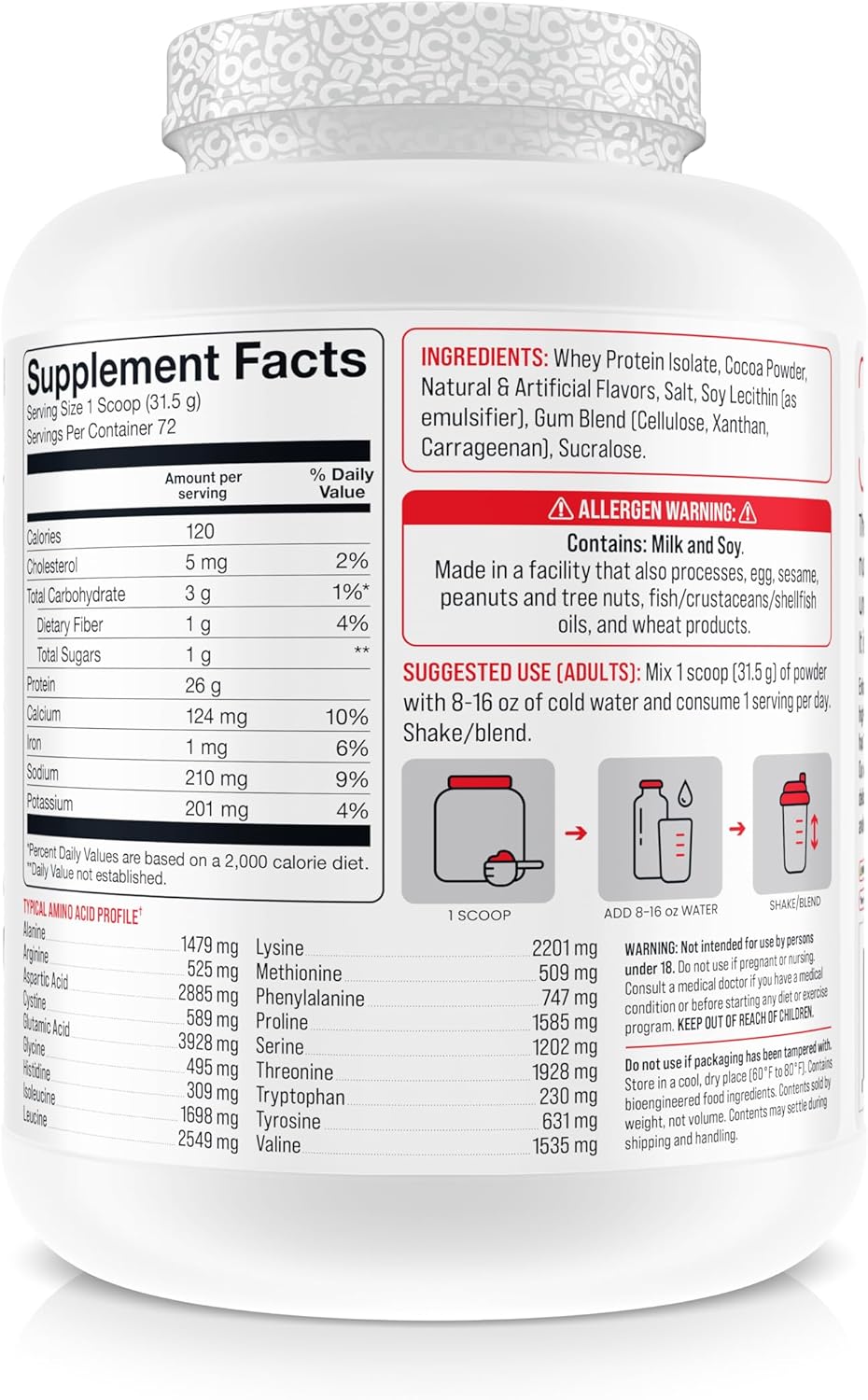 High-Quality Whey Protein Isolate - 26g Protein, 0g Fat, Gluten-Free, RBST-Free, Fast Absorption, 120 Calories - Chocolate Flavor - 5lb