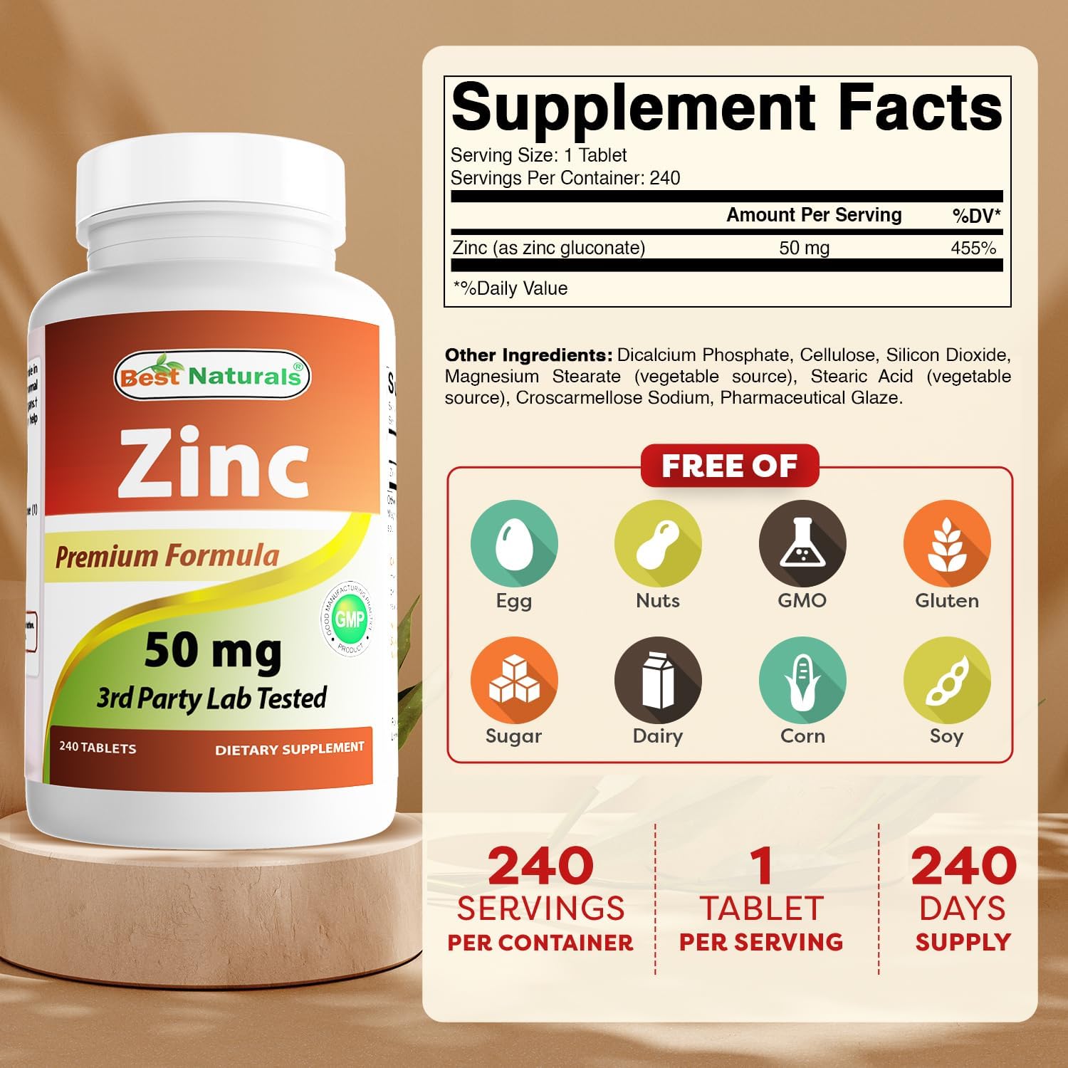 High-Quality Zinc Gluconate 50mg Supplement for Immune Support - 240 Tablets