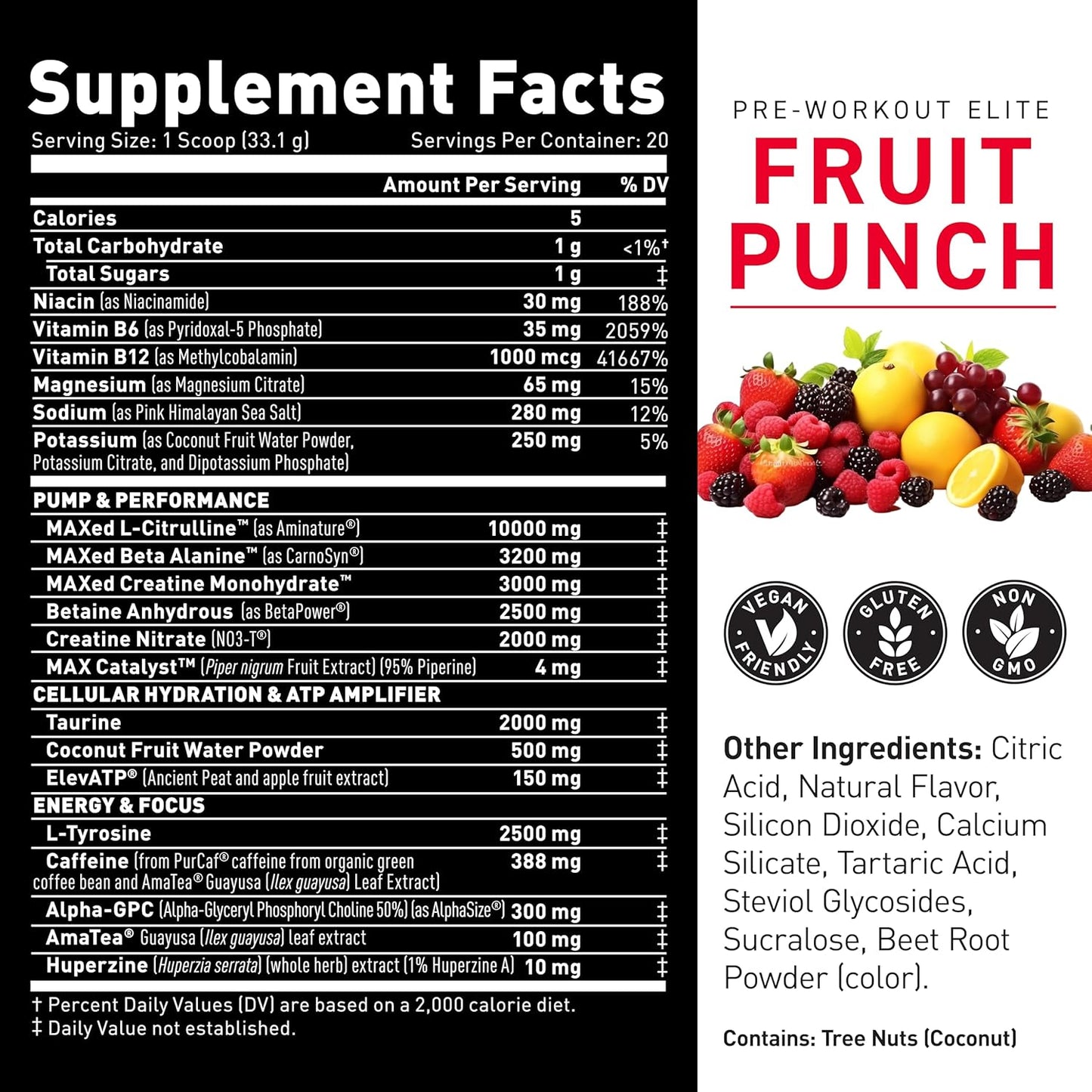 High Stimulant Pre Workout Powder for Men & Women - Energy, Focus, Pumps - L-Citrulline, Beta Alanine, Creatine - 388mg Organic Caffeine - Fruit Punch Flavor