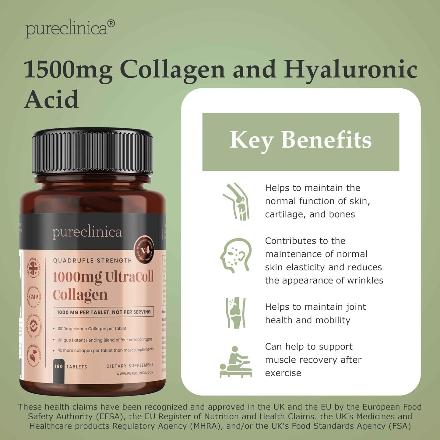 High Strength 1500mg Collagen and Hyaluronic Acid Tablets - 6 Month Supply of 180 Tablets from pureclinica