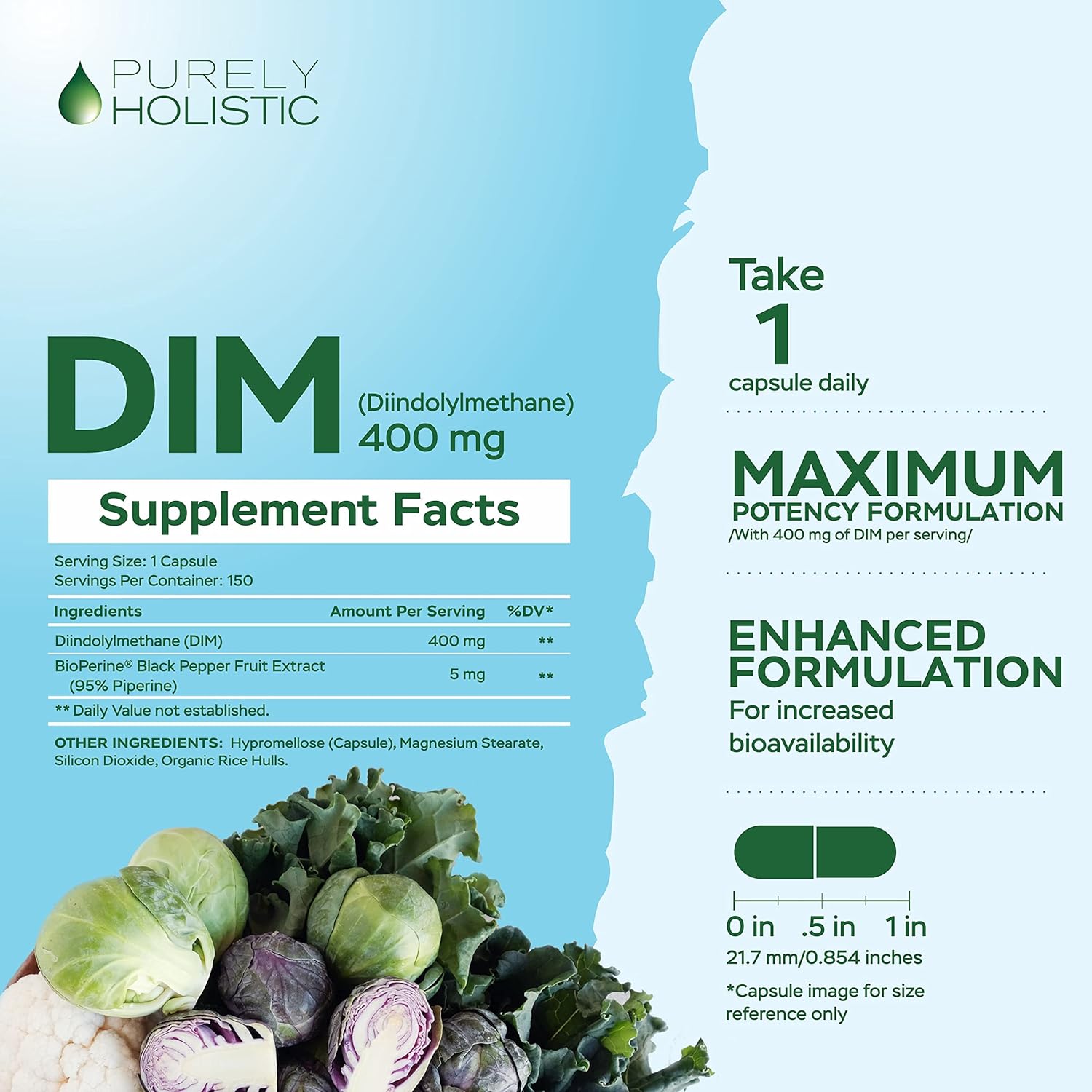 High Strength 400mg DIM Supplement with Bioperine - 150 Vegan Capsules for Hormone Balance - Purely Holistic - 5 Month Supply - Diindolylmethane for Women & Men