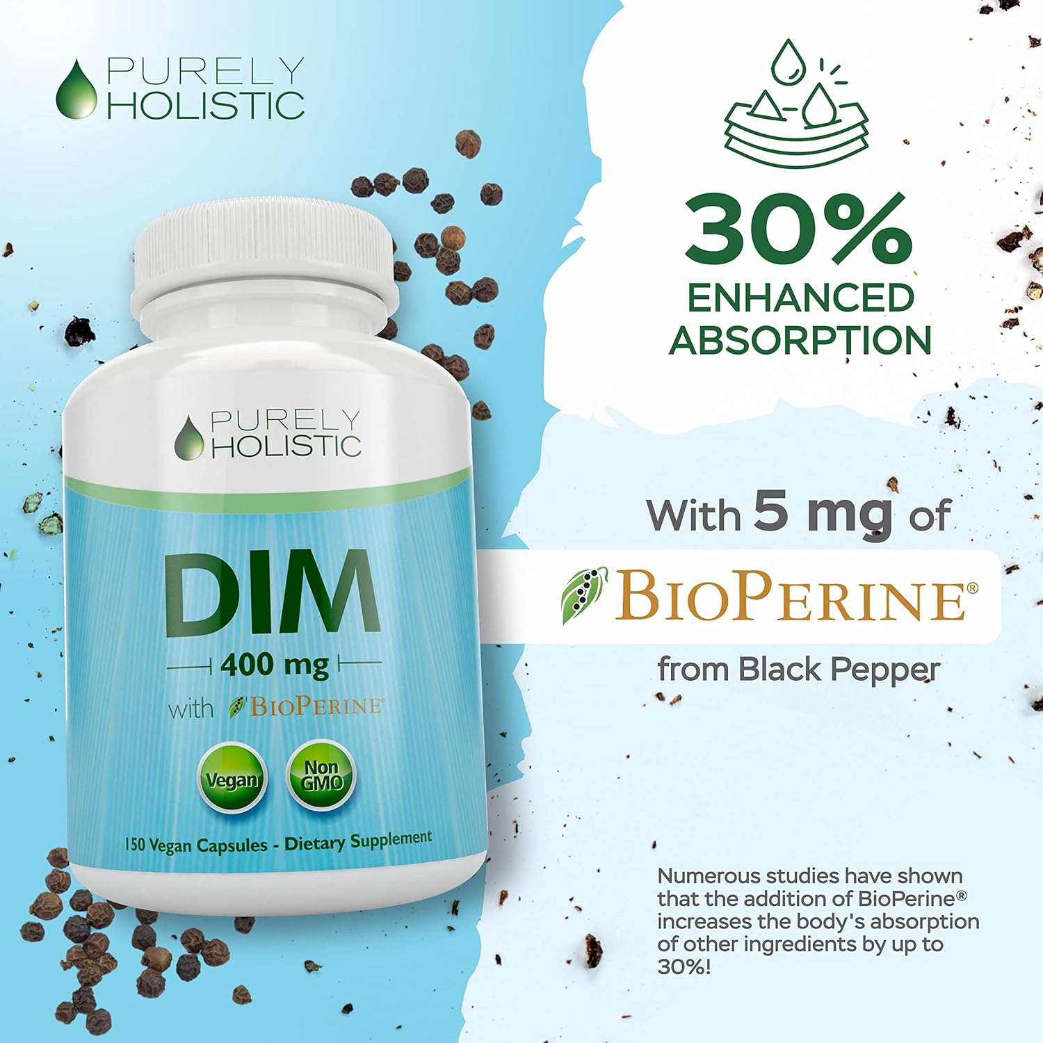 High Strength 400mg DIM Supplement with Bioperine - 150 Vegan Capsules for Hormone Balance - Purely Holistic - 5 Month Supply - Diindolylmethane for Women & Men