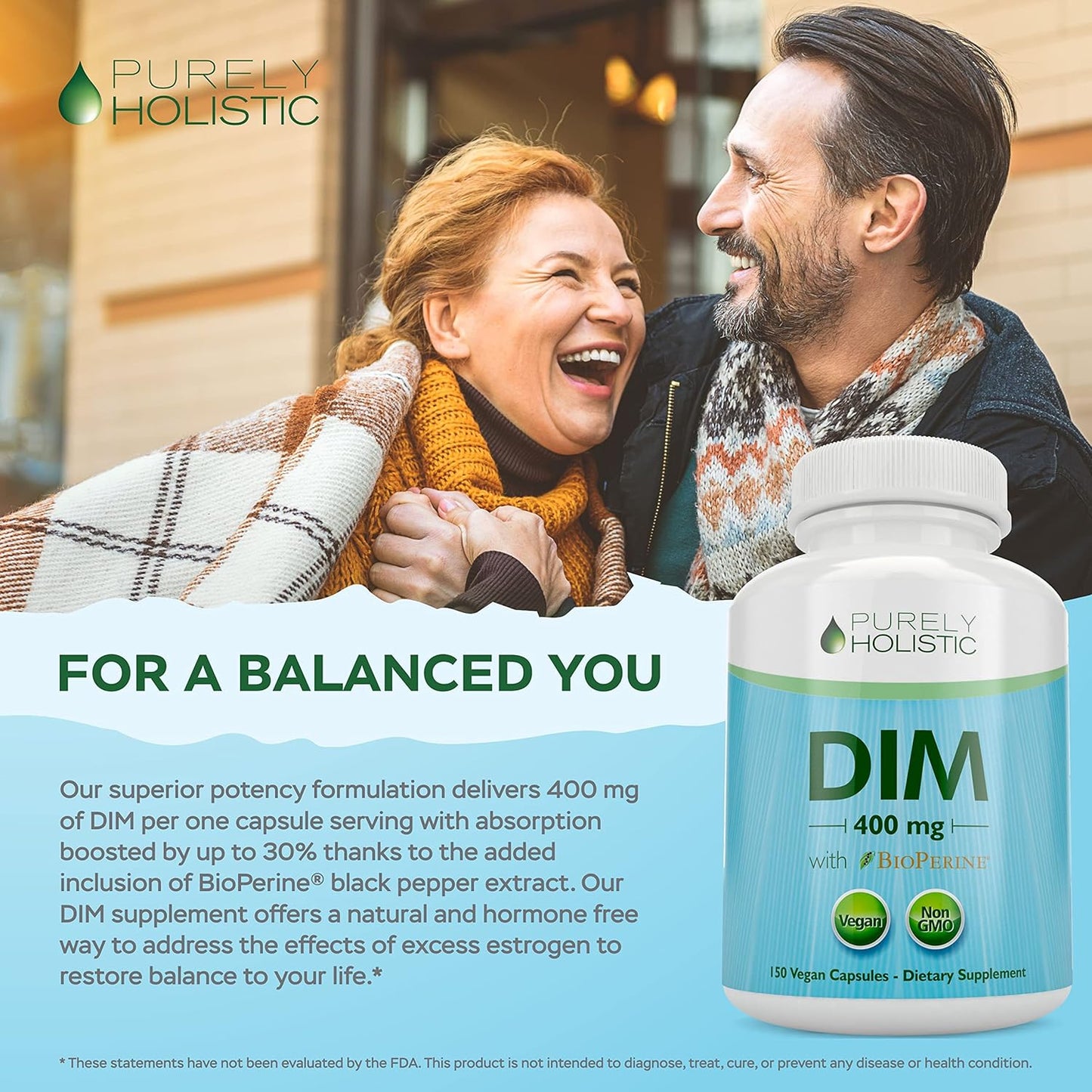 High Strength 400mg DIM Supplement with Bioperine - 150 Vegan Capsules for Hormone Balance - Purely Holistic - 5 Month Supply - Diindolylmethane for Women & Men