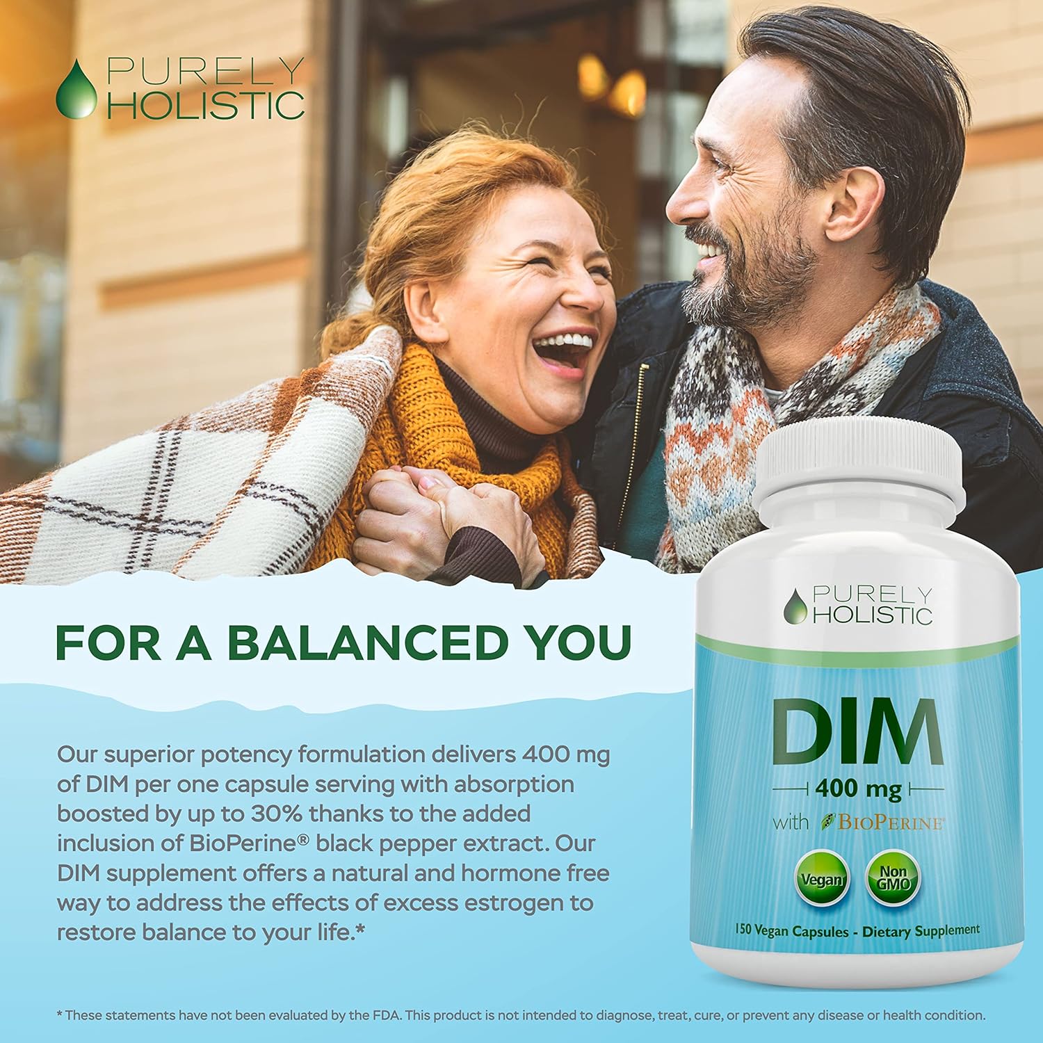 High Strength 400mg DIM Supplement with Bioperine - 150 Vegan Capsules for Hormone Balance - Purely Holistic - 5 Month Supply - Diindolylmethane for Women & Men