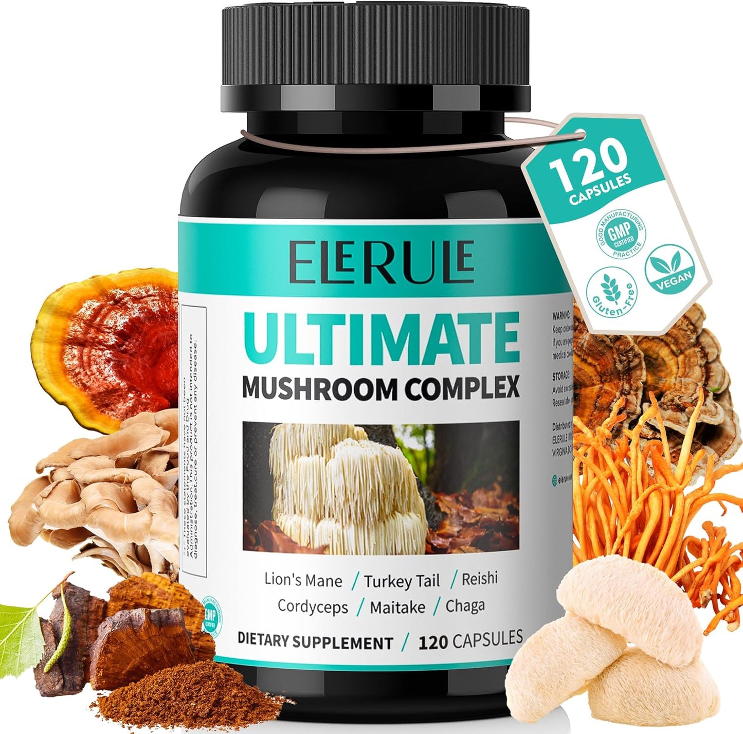 High Strength 6-in-1 Mushroom Complex Supplement with Lions Mane, Reishi, Cordyceps, Chaga, Turkey Tail, Maitake - Supports Focus, Memory, Brain Health, and Immune System - 120 Capsules