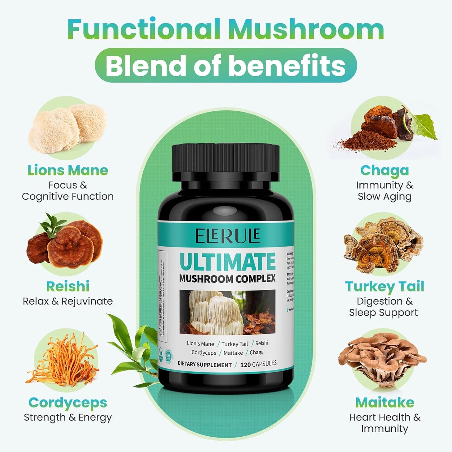 High Strength 6-in-1 Mushroom Complex Supplement with Lions Mane, Reishi, Cordyceps, Chaga, Turkey Tail, Maitake - Supports Focus, Memory, Brain Health, and Immune System - 120 Capsules