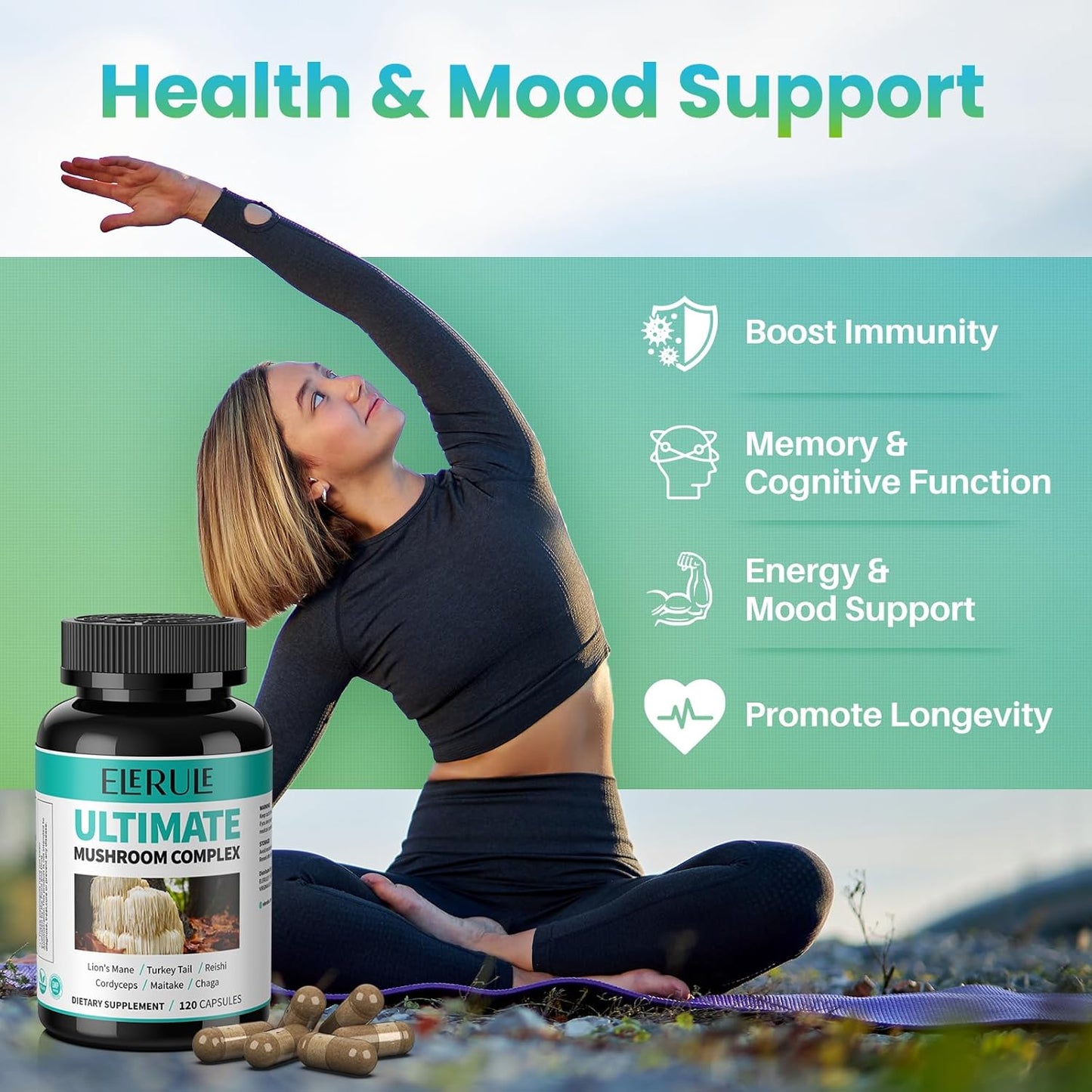 High Strength 6-in-1 Mushroom Complex Supplement with Lions Mane, Reishi, Cordyceps, Chaga, Turkey Tail, Maitake - Supports Focus, Memory, Brain Health, and Immune System - 120 Capsules