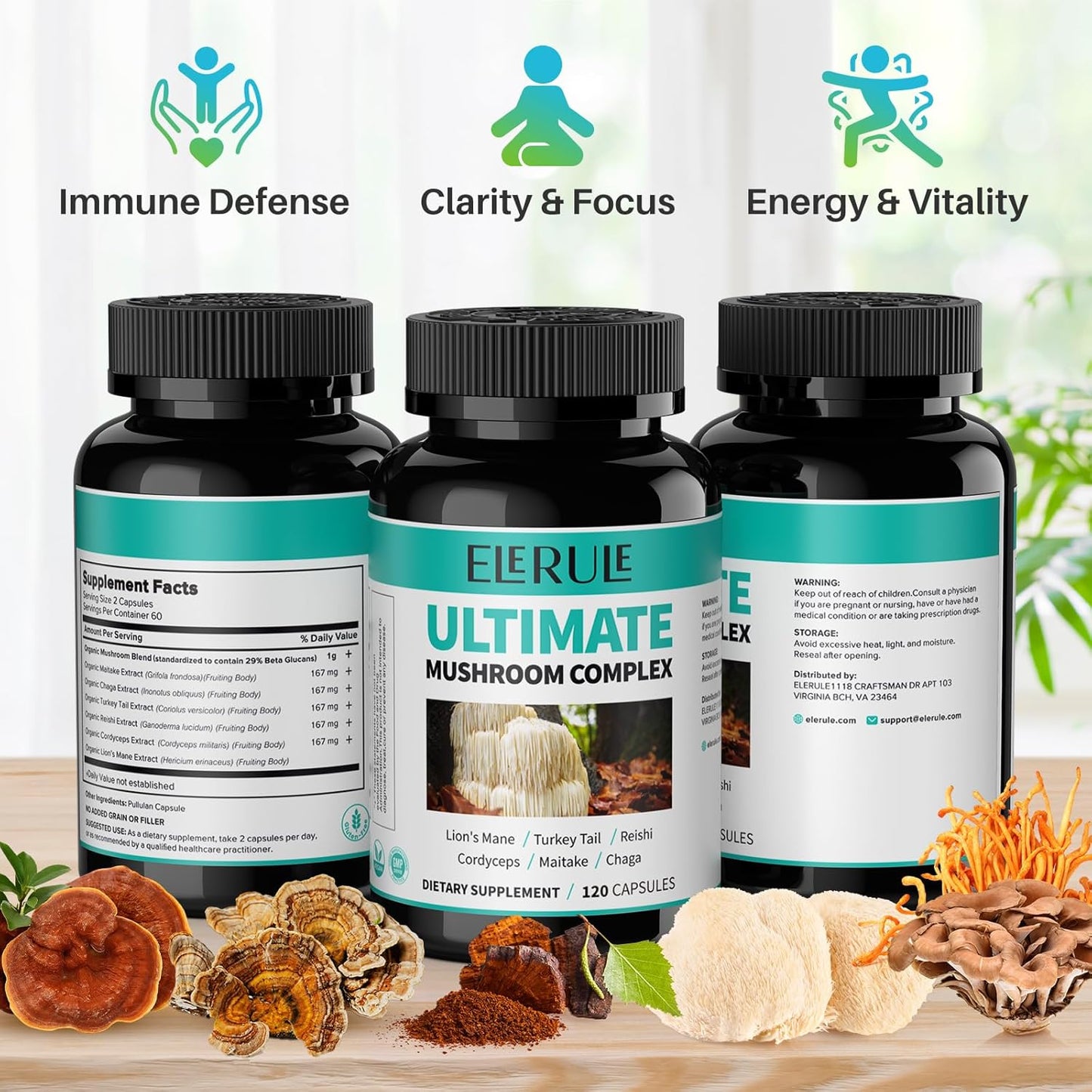 High Strength 6-in-1 Mushroom Complex Supplement with Lions Mane, Reishi, Cordyceps, Chaga, Turkey Tail, Maitake - Supports Focus, Memory, Brain Health, and Immune System - 120 Capsules