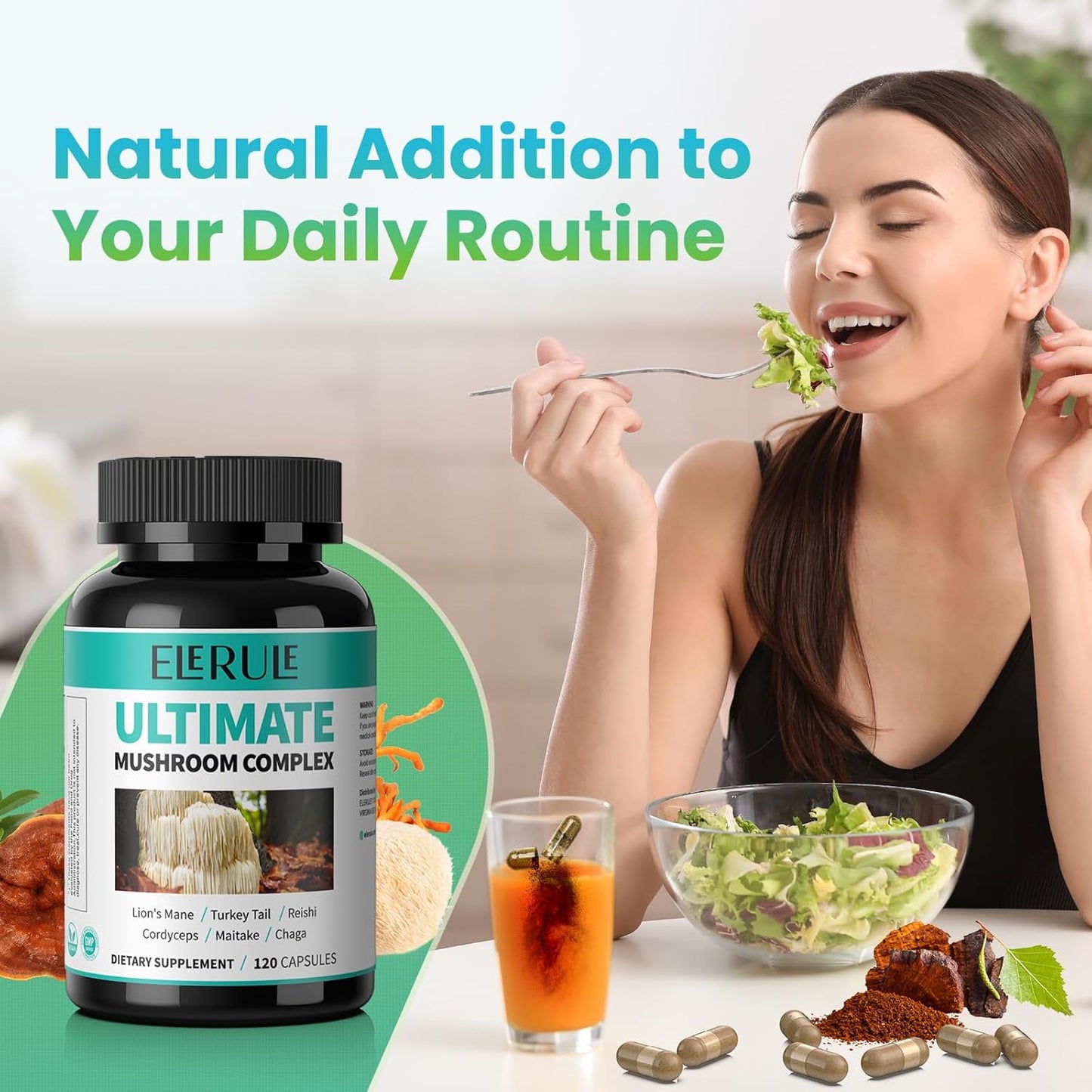 High Strength 6-in-1 Mushroom Complex Supplement with Lions Mane, Reishi, Cordyceps, Chaga, Turkey Tail, Maitake - Supports Focus, Memory, Brain Health, and Immune System - 120 Capsules