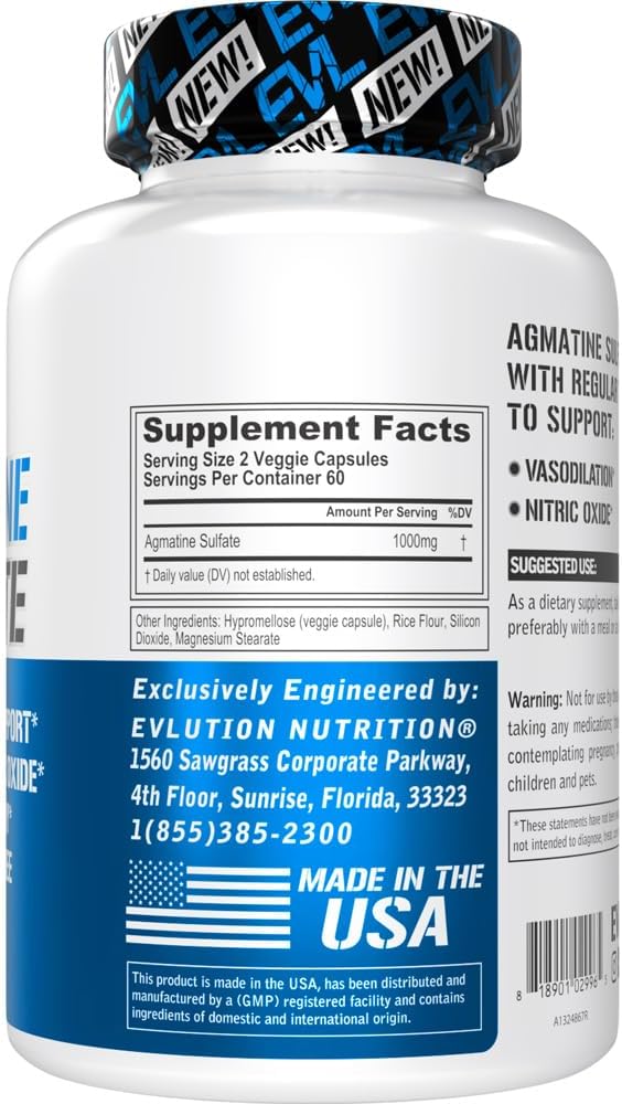High Strength Agmatine Sulfate Nitric Oxide Capsules for Muscle Growth, Recovery, and Performance - 60 Servings by Evlution Nutrition