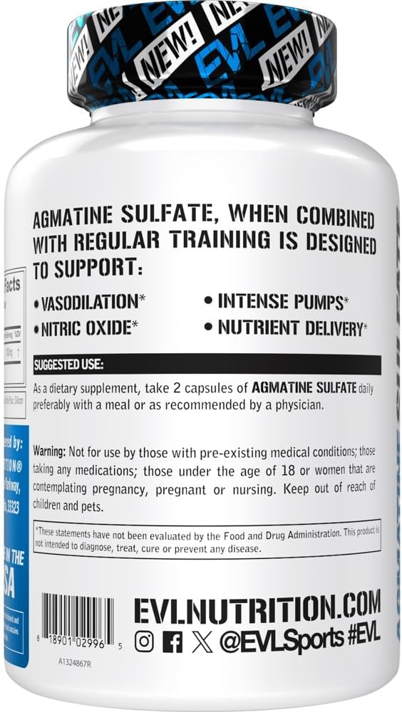 High Strength Agmatine Sulfate Nitric Oxide Capsules for Muscle Growth, Recovery, and Performance - 60 Servings by Evlution Nutrition