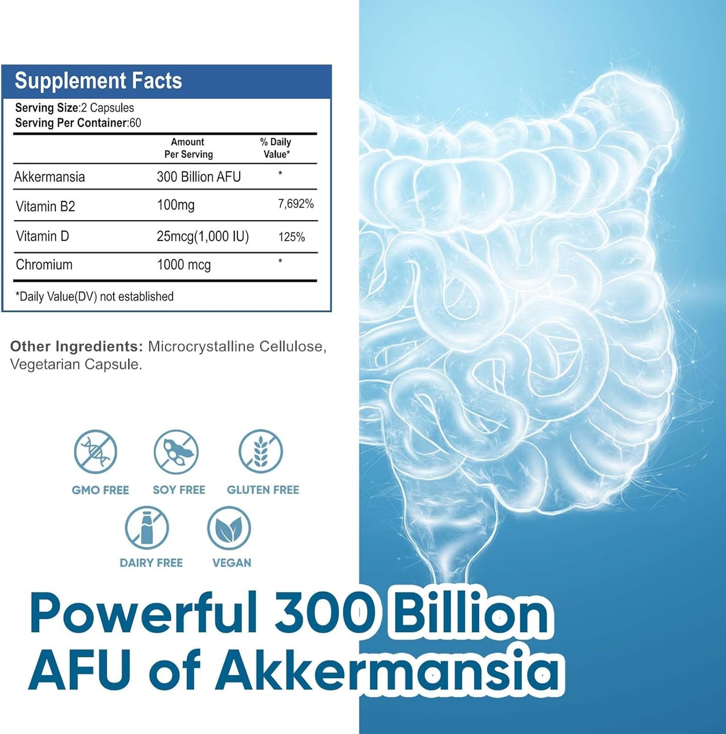 High Strength Akkermansia Probiotic Supplement - 300 Billion AFU Live Strain - Supports Gut & Immune Health - Increases GLP-1 Production - 120 Capsules