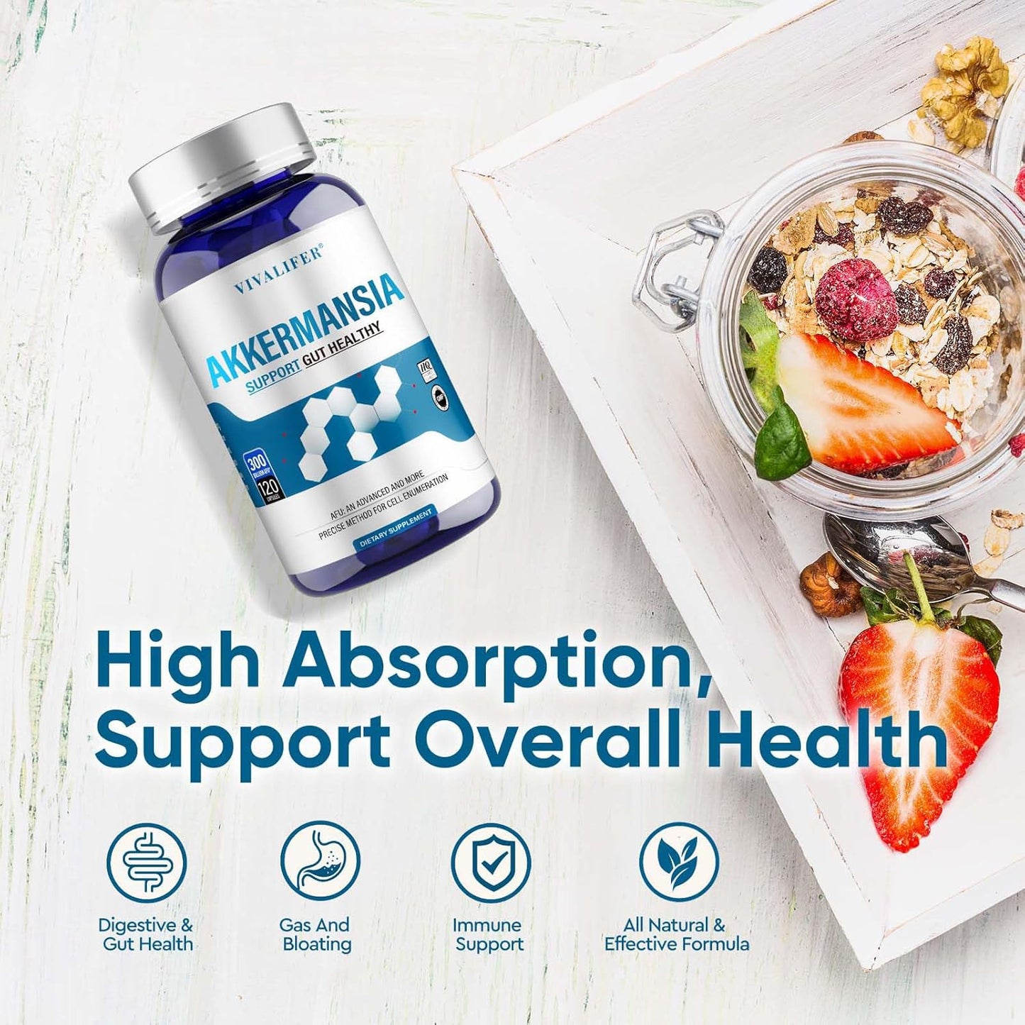 High Strength Akkermansia Probiotic Supplement - 300 Billion AFU Live Strain - Supports Gut & Immune Health - Increases GLP-1 Production - 120 Capsules