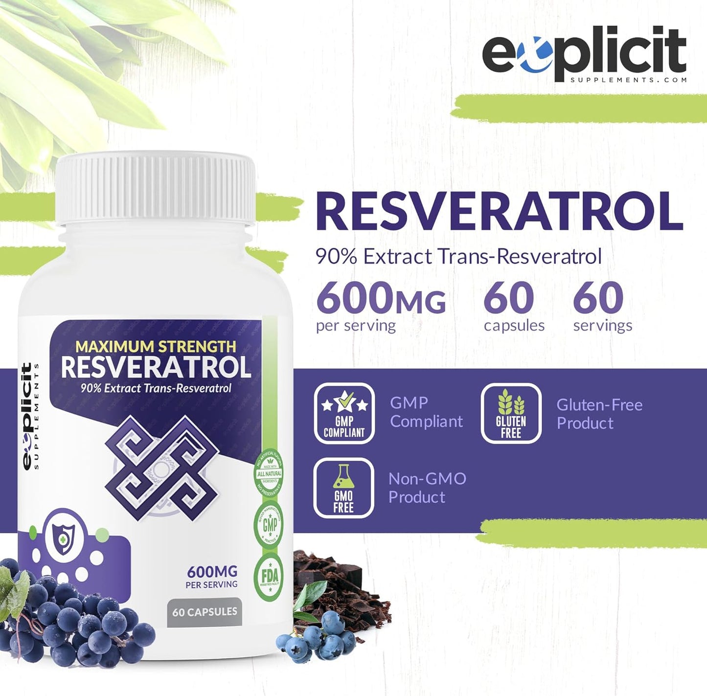 High Strength All Natural Resveratrol Supplement - 1200mg Daily - 90% Extract Trans Resveratrol - 30 Day Supply