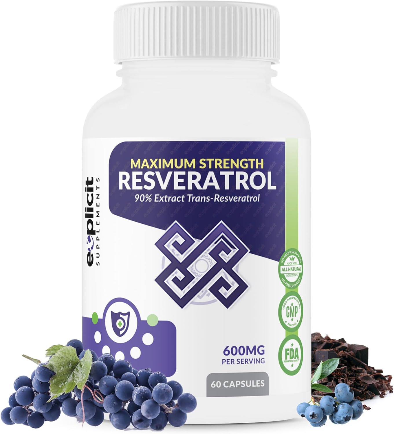 High Strength All Natural Resveratrol Supplement - 1200mg Daily - 90% Extract Trans Resveratrol - 30 Day Supply