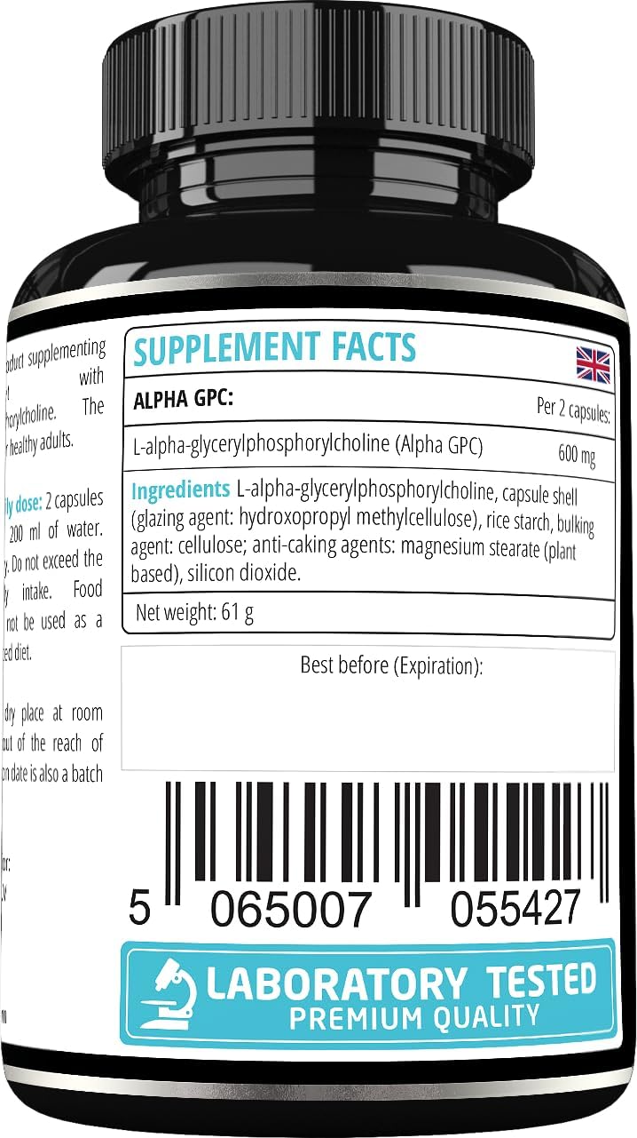 High Strength Alpha-GPC 600mg - 90 Vegan Choline Capsules for Memory and Concentration - 99% Choline Alfoscerate Dietary Supplement