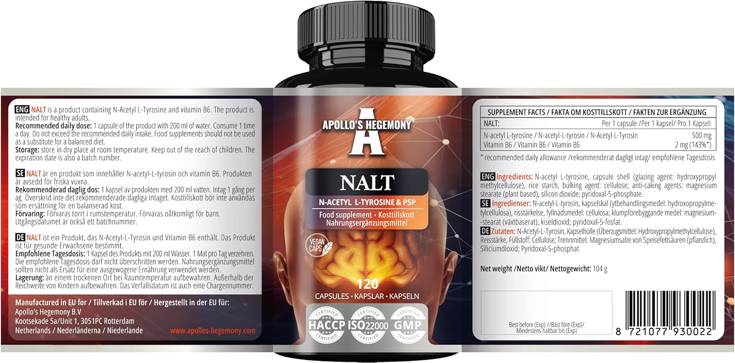 High Strength Apollo's Hegemony N-Acetyl-L-Tyrosine and Vitamin B6 Capsules - Cognitive Booster - 4 Month Supply