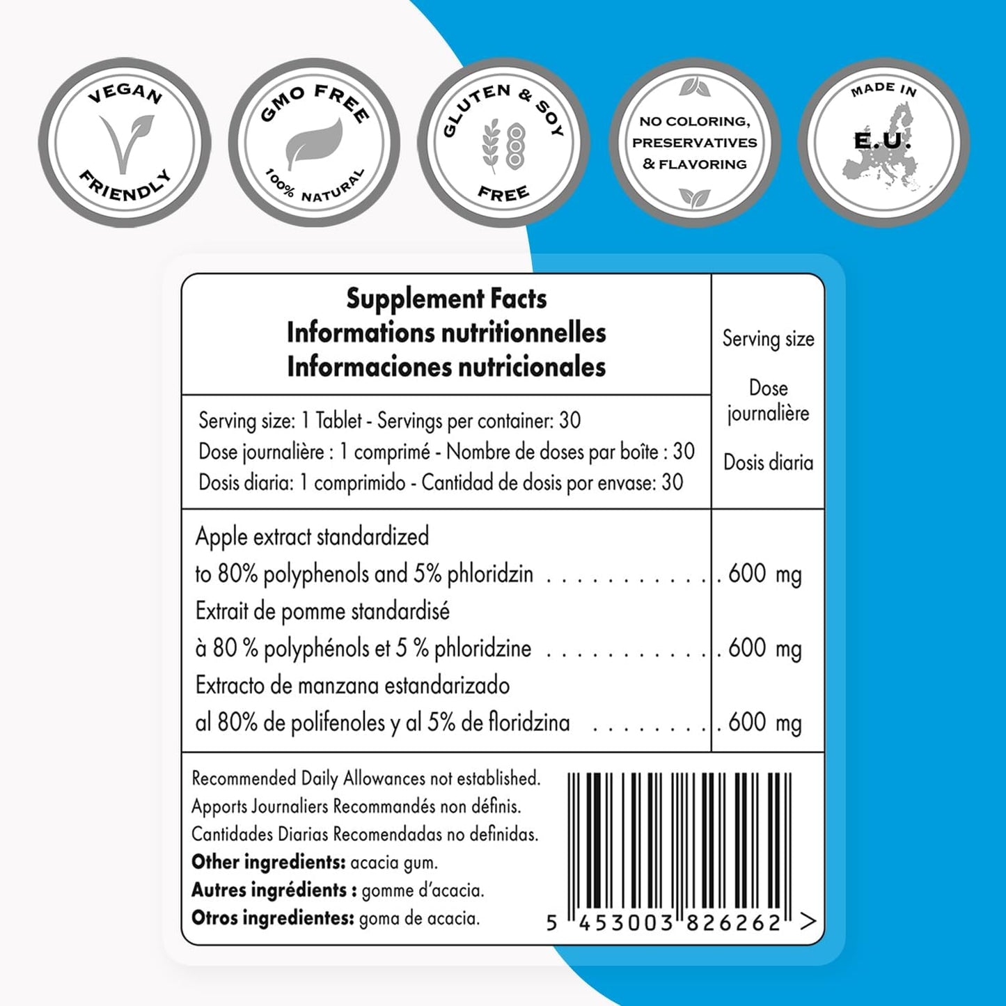 High Strength Apple Polyphenols Supplement - 600mg Daily Dose - 80% Polyphenols - Apple Extract Tablets - Non-GMO & Gluten Free