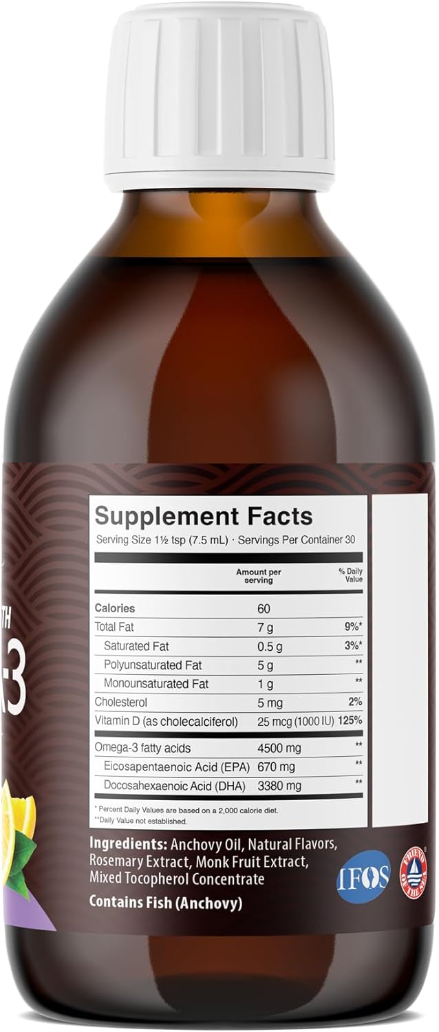 High Strength AquaOmega 5X Omega 3 Liquid Fish Oil Supplement - 3380mg DHA, 670mg EPA, 4500mg Omega 3 - Lemon Flavor, Vitamin D - Burpless Formula for Women and Men - 7.60 floz