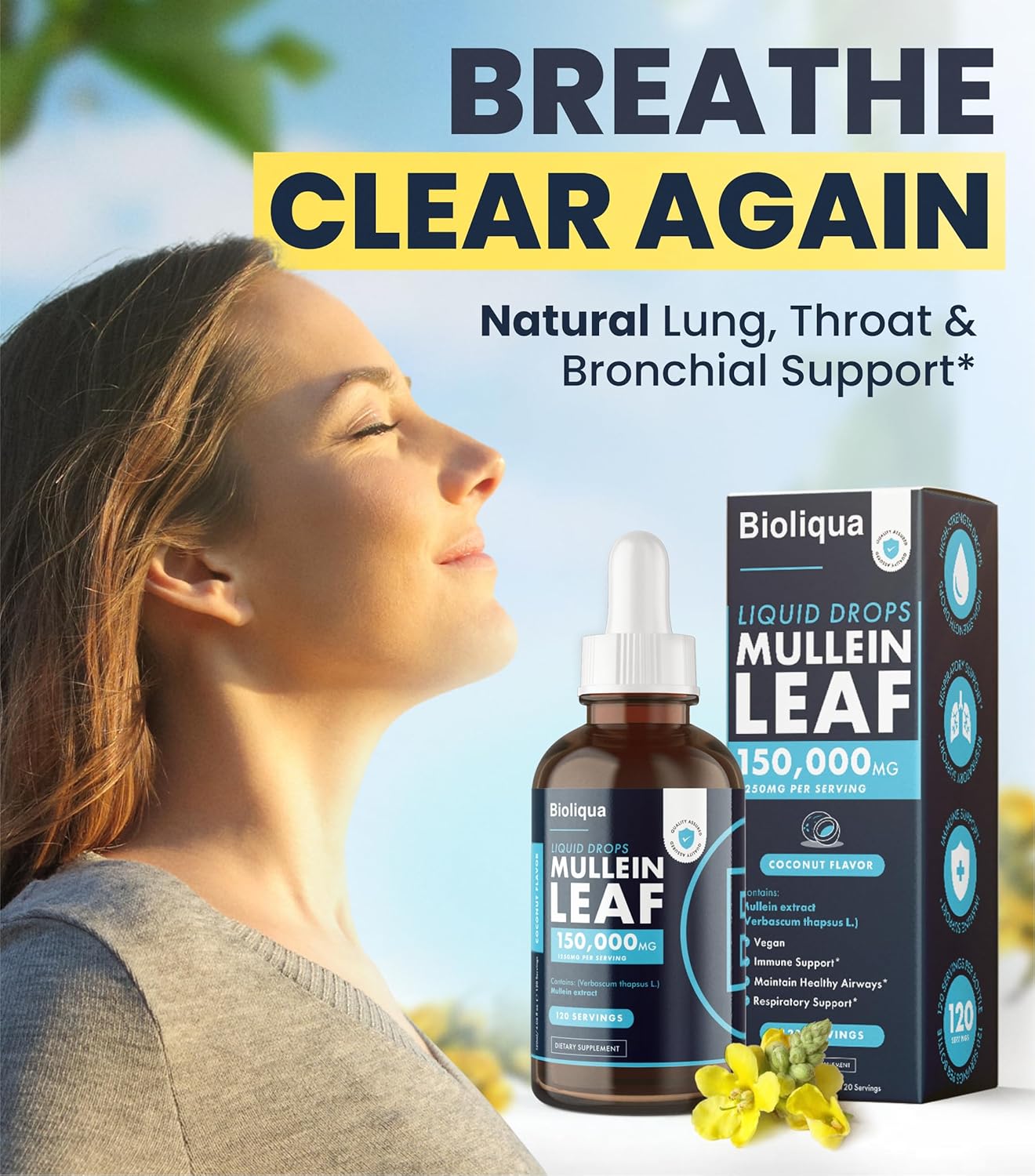 High Strength Balance ™ Bioliqua Mullein Drops for Lungs - 150,000mg per 4oz Tincture - 120 Servings - Lung Detox & Bronchial Cleanse - Coconut Flavor
