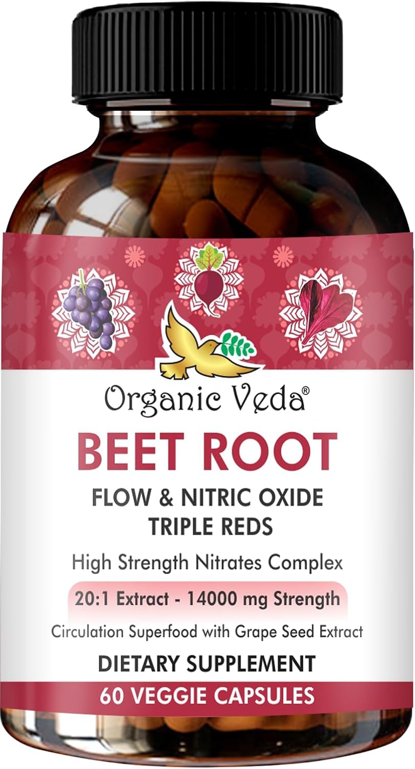 High Strength Beet Root Nitric Oxide Supplement with Super Red Foods - 14000mg Extract - 60 Capsules