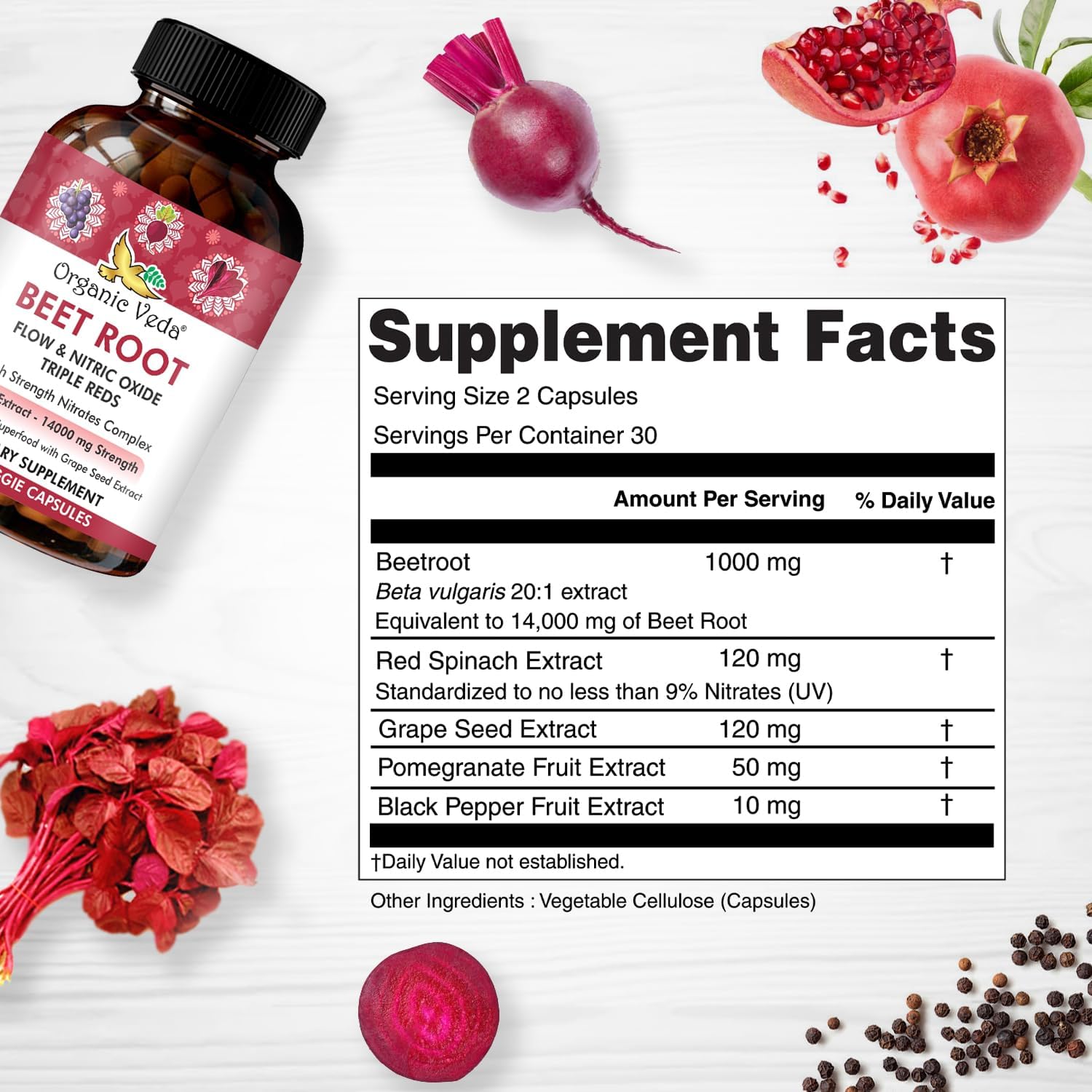 High Strength Beet Root Nitric Oxide Supplement with Super Red Foods - 14000mg Extract - 60 Capsules