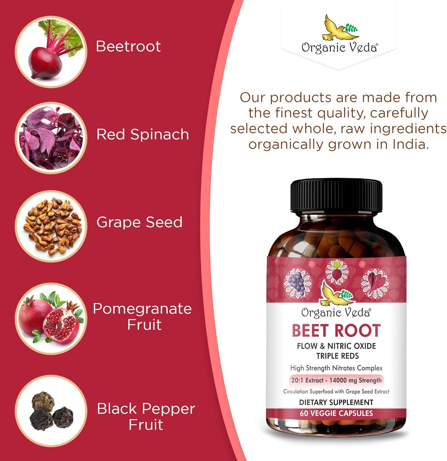 High Strength Beet Root Nitric Oxide Supplement with Super Red Foods - 14000mg Extract - 60 Capsules