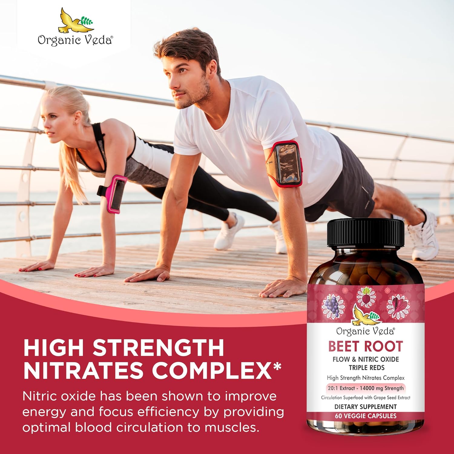 High Strength Beet Root Nitric Oxide Supplement with Super Red Foods - 14000mg Extract - 60 Capsules