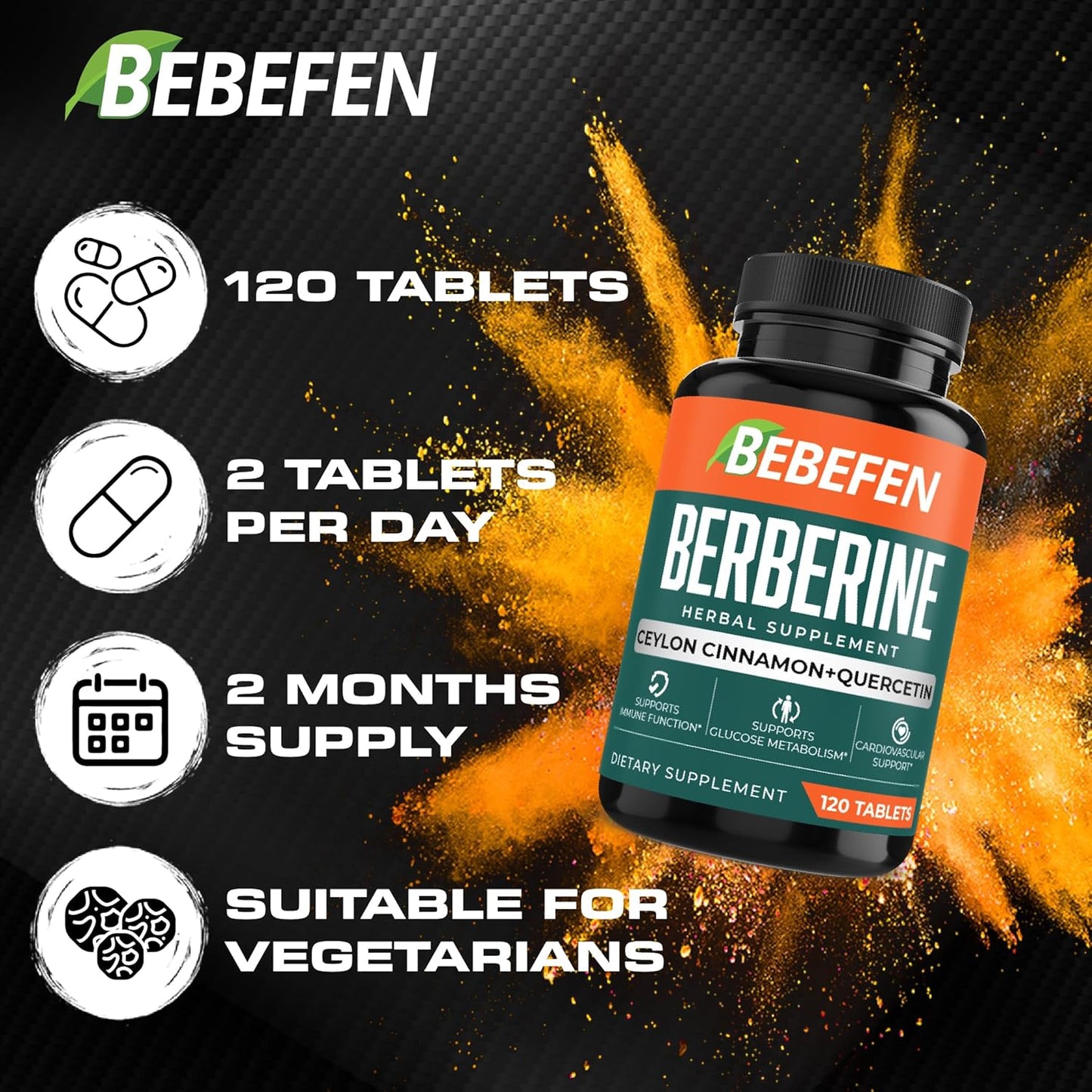 High Strength Berberine Supplement with Ceylon Cinnamon & Quercetin - 1900mg Per Serving - Cardiovascular, Gastrointestinal, and Immune Support - 120 Tablets
