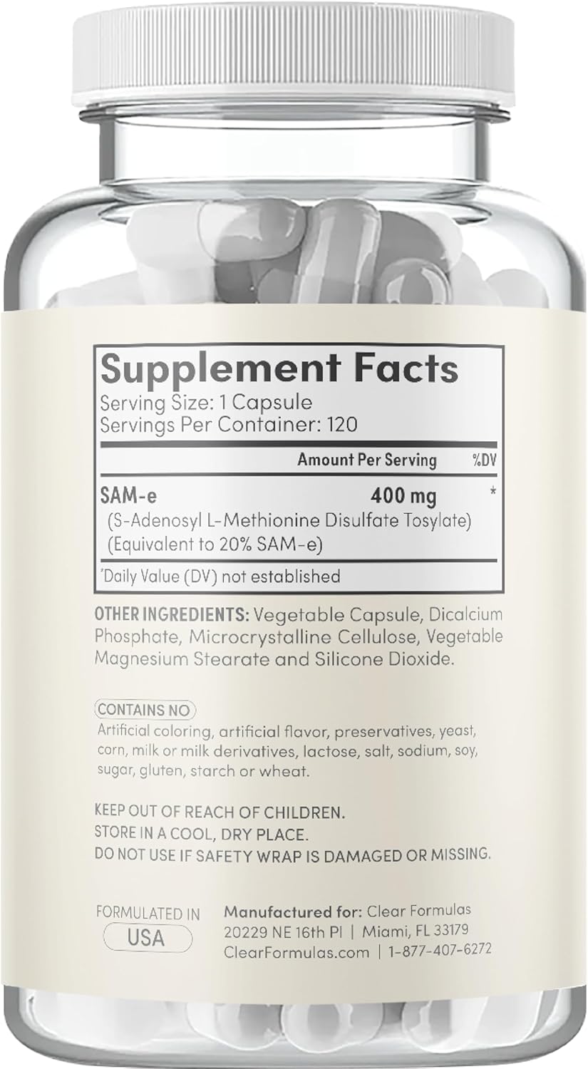 High Strength Bioactive SAM-e 400mg Supplement for Joint, Liver, and Mood Support - Vegan, Non-GMO, Preservative Free - Made in the USA - 120 Servings