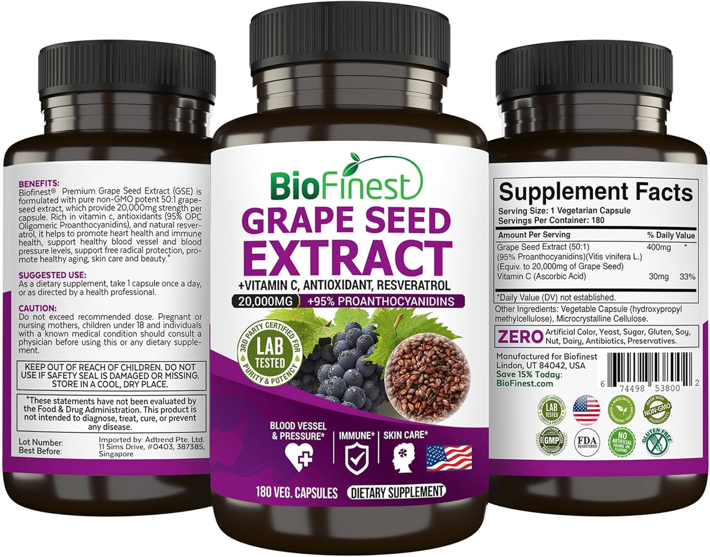 High Strength BioFinest Grape Seed Extract Capsules - 20000mg 95% Polyphenols OPC Vitamin C Antioxidant Resveratrol - Skin Health Beauty Collagen Immune Support - 180 Veg Capsules