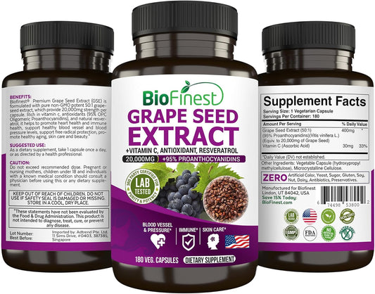 High Strength BioFinest Grape Seed Extract Capsules - 20000mg 95% Polyphenols OPC Vitamin C Antioxidant Resveratrol - Skin Health Beauty Collagen Immune Support - 180 Veg Capsules