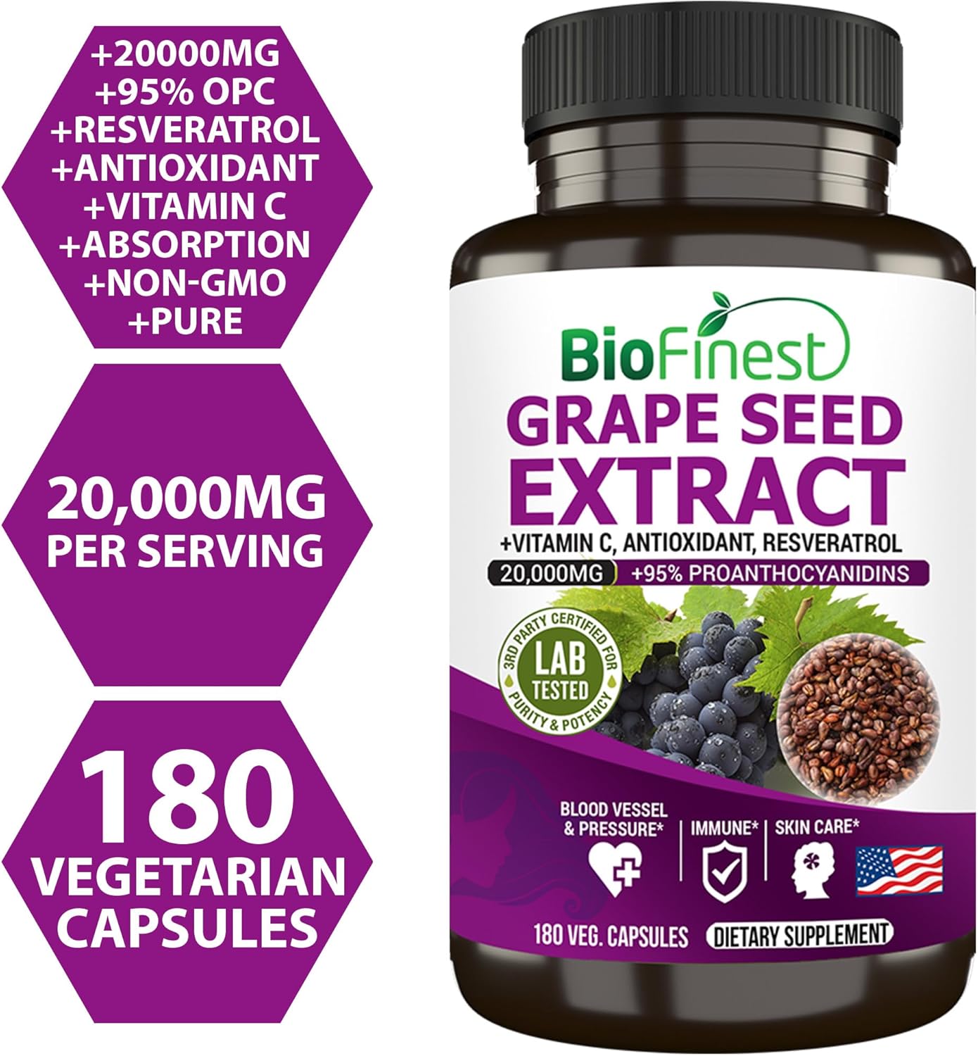 High Strength BioFinest Grape Seed Extract Capsules - 20000mg 95% Polyphenols OPC Vitamin C Antioxidant Resveratrol - Skin Health Beauty Collagen Immune Support - 180 Veg Capsules