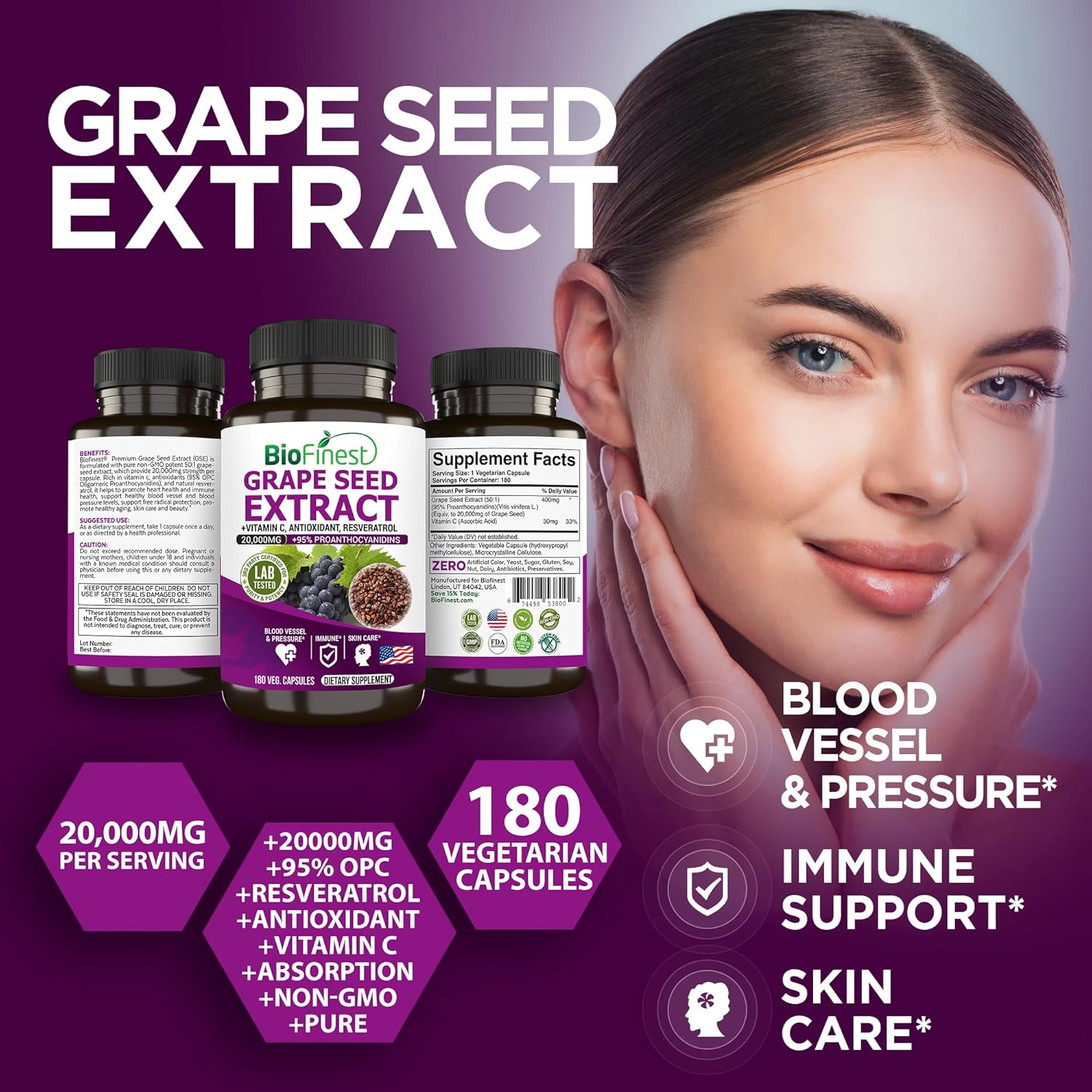 High Strength BioFinest Grape Seed Extract Capsules - 20000mg 95% Polyphenols OPC Vitamin C Antioxidant Resveratrol - Skin Health Beauty Collagen Immune Support - 180 Veg Capsules