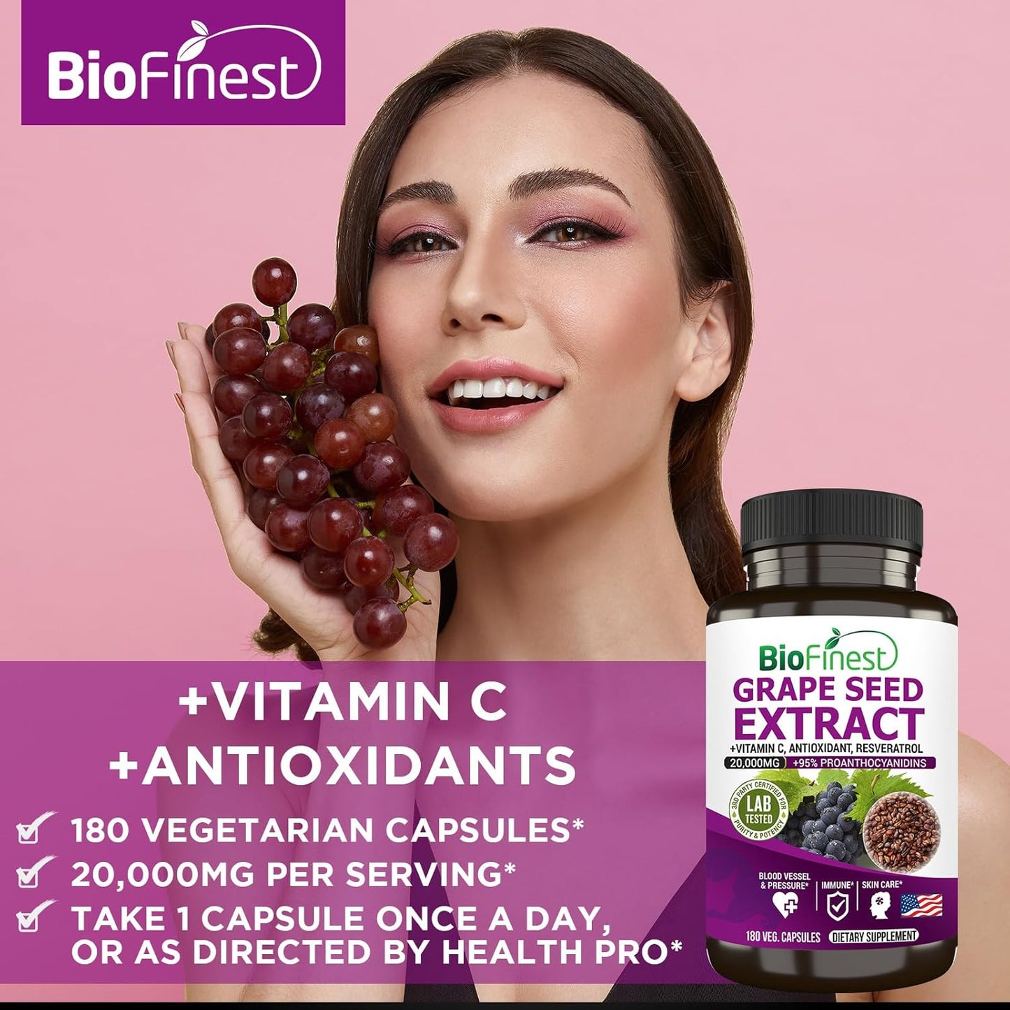 High Strength BioFinest Grape Seed Extract Capsules - 20000mg 95% Polyphenols OPC Vitamin C Antioxidant Resveratrol - Skin Health Beauty Collagen Immune Support - 180 Veg Capsules