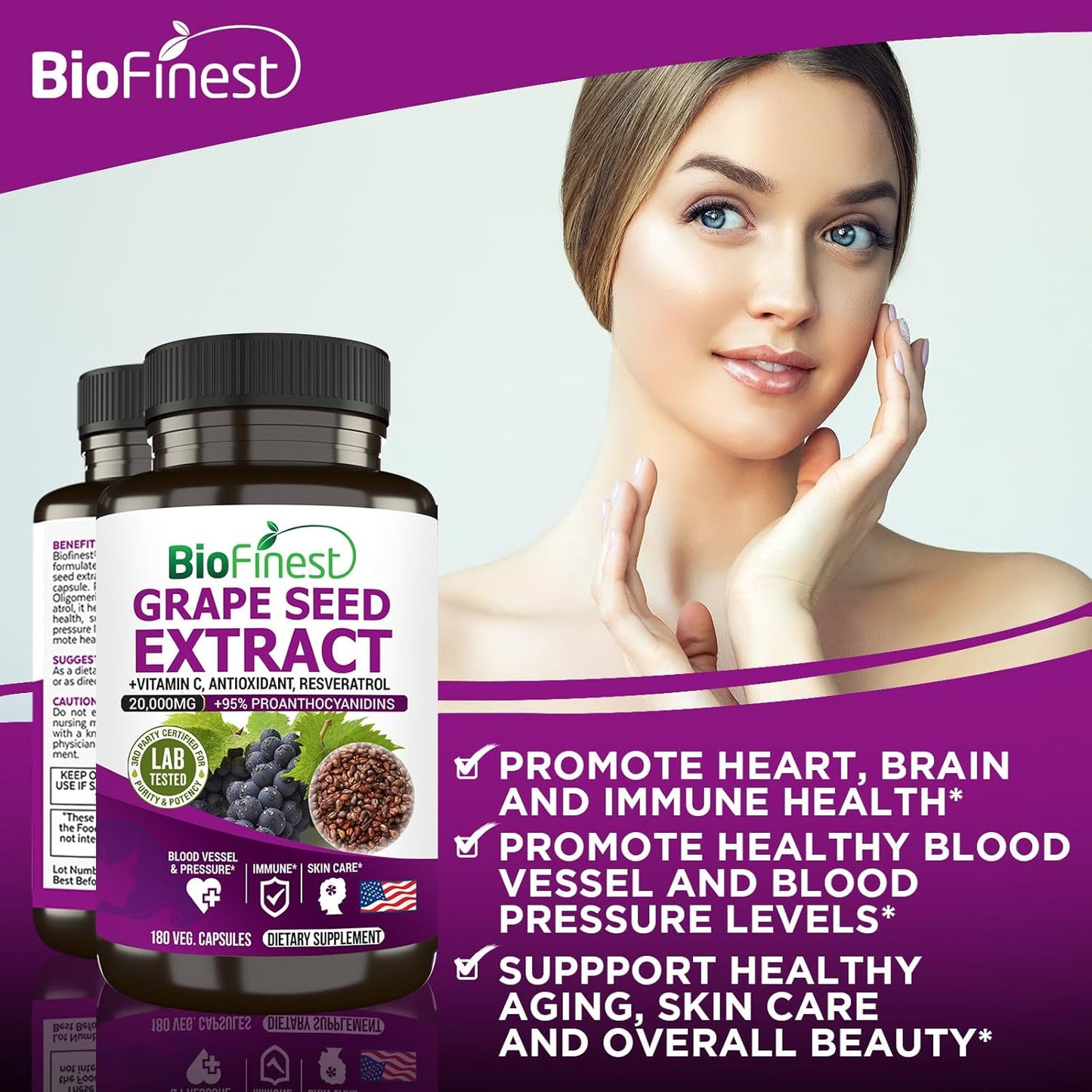 High Strength BioFinest Grape Seed Extract Capsules - 20000mg 95% Polyphenols OPC Vitamin C Antioxidant Resveratrol - Skin Health Beauty Collagen Immune Support - 180 Veg Capsules