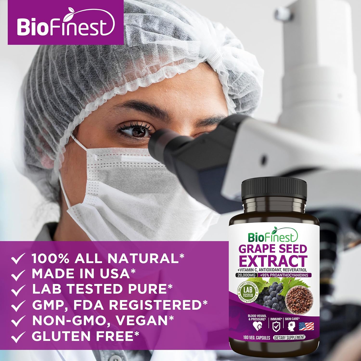 High Strength BioFinest Grape Seed Extract Capsules - 20000mg 95% Polyphenols OPC Vitamin C Antioxidant Resveratrol - Skin Health Beauty Collagen Immune Support - 180 Veg Capsules
