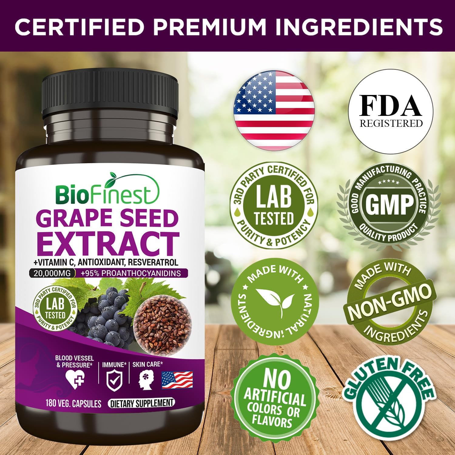 High Strength BioFinest Grape Seed Extract Capsules - 20000mg 95% Polyphenols OPC Vitamin C Antioxidant Resveratrol - Skin Health Beauty Collagen Immune Support - 180 Veg Capsules
