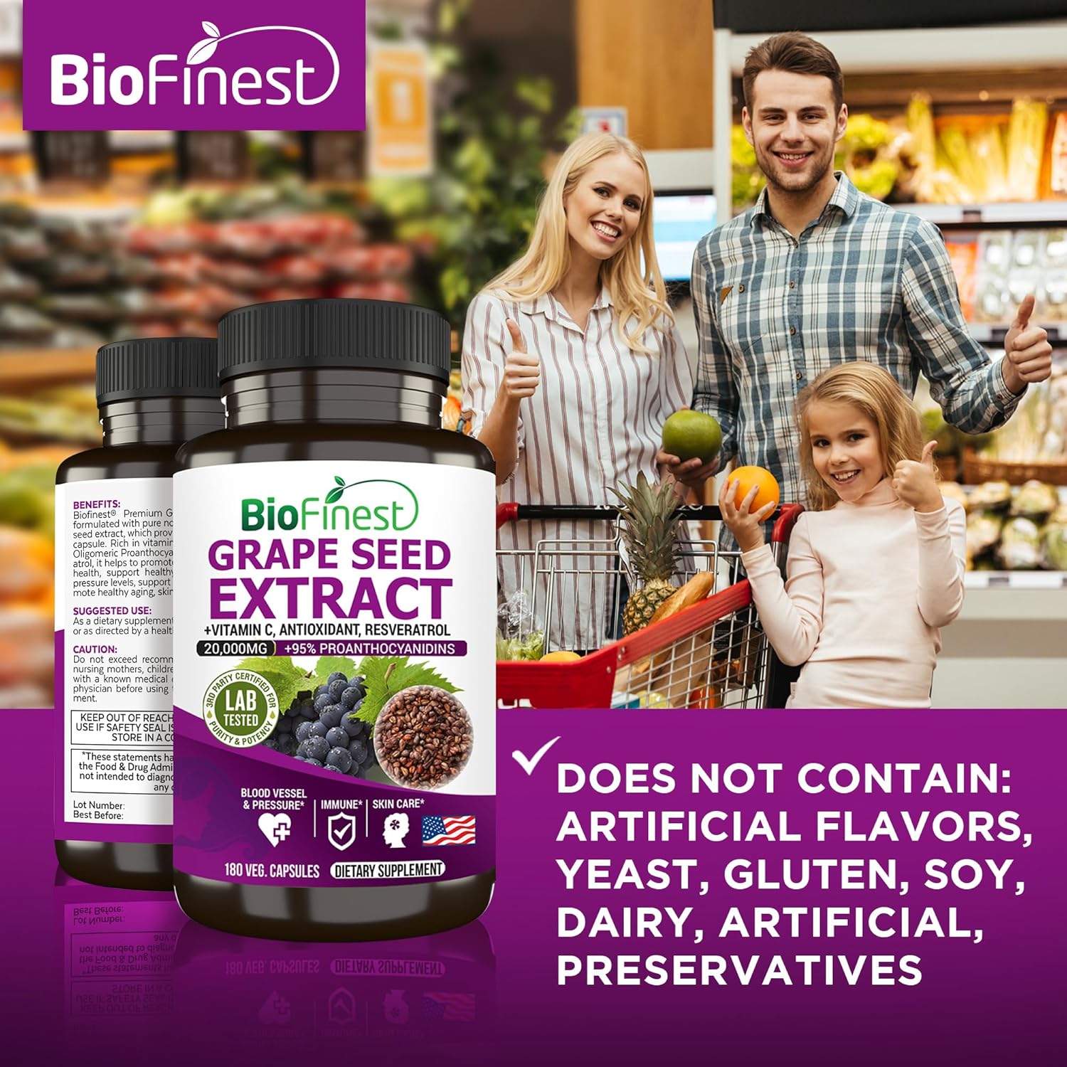 High Strength BioFinest Grape Seed Extract Capsules - 20000mg 95% Polyphenols OPC Vitamin C Antioxidant Resveratrol - Skin Health Beauty Collagen Immune Support - 180 Veg Capsules