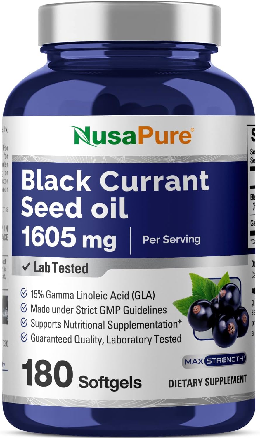 High Strength Black Currant Oil Capsules - 1605mg with 15% GLA - 180 Non-GMO, Gluten Free Softgels by NusaPure