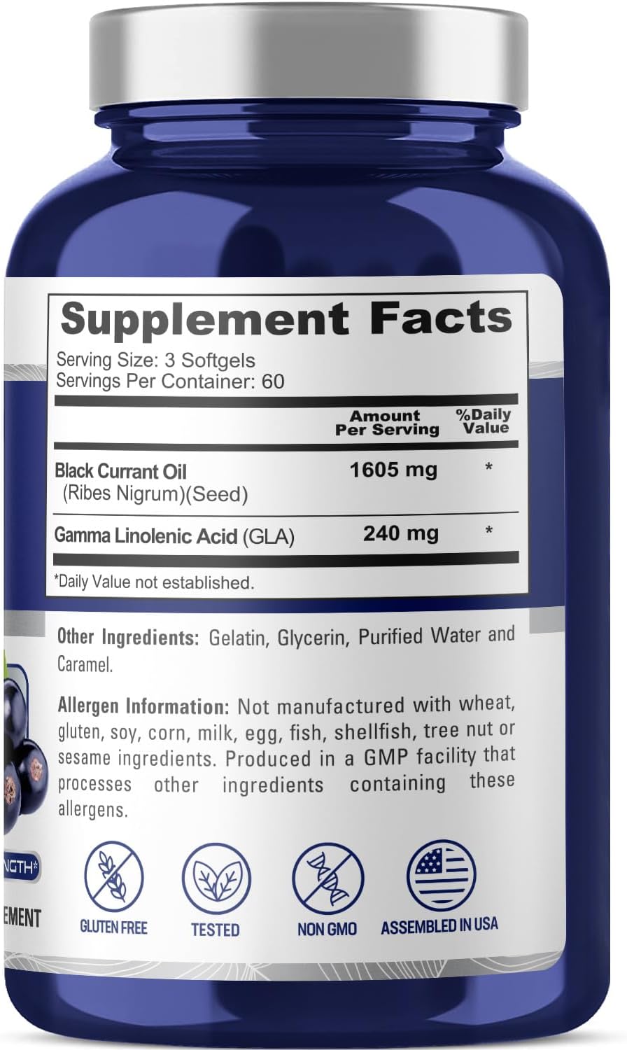 High Strength Black Currant Oil Capsules - 1605mg with 15% GLA - 180 Non-GMO, Gluten Free Softgels by NusaPure