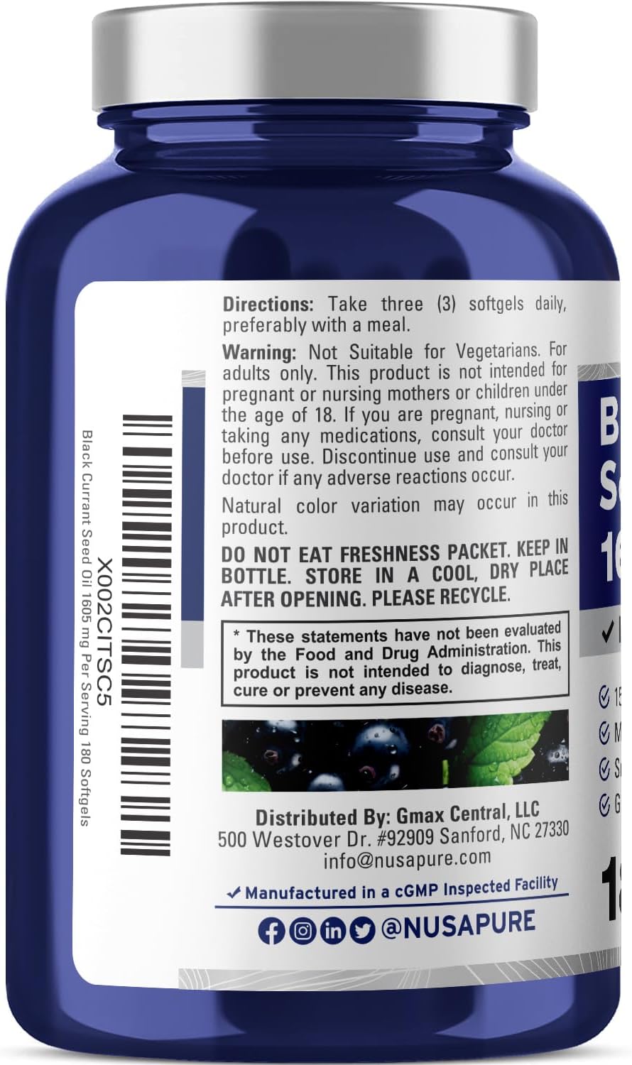 High Strength Black Currant Oil Capsules - 1605mg with 15% GLA - 180 Non-GMO, Gluten Free Softgels by NusaPure