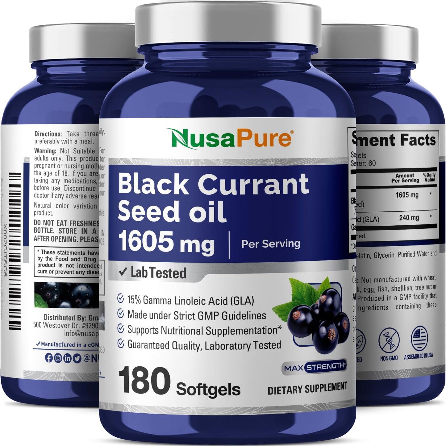 High Strength Black Currant Oil Capsules - 1605mg with 15% GLA - 180 Non-GMO, Gluten Free Softgels by NusaPure