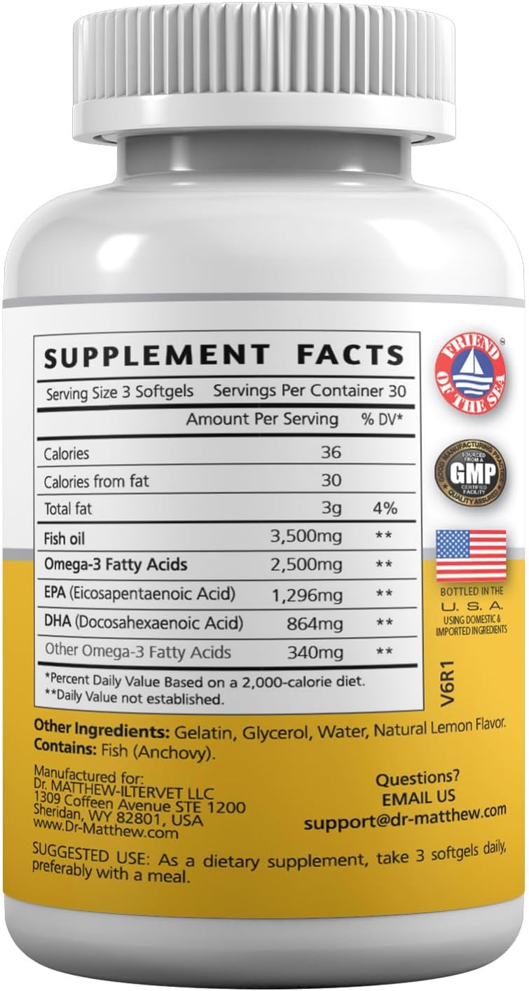 High Strength Burpless Omega 3 Fish Oil Supplements for Women & Men - 3000mg EPA DHA, Odorless, Mercury Free Capsules by Dr. Matthew