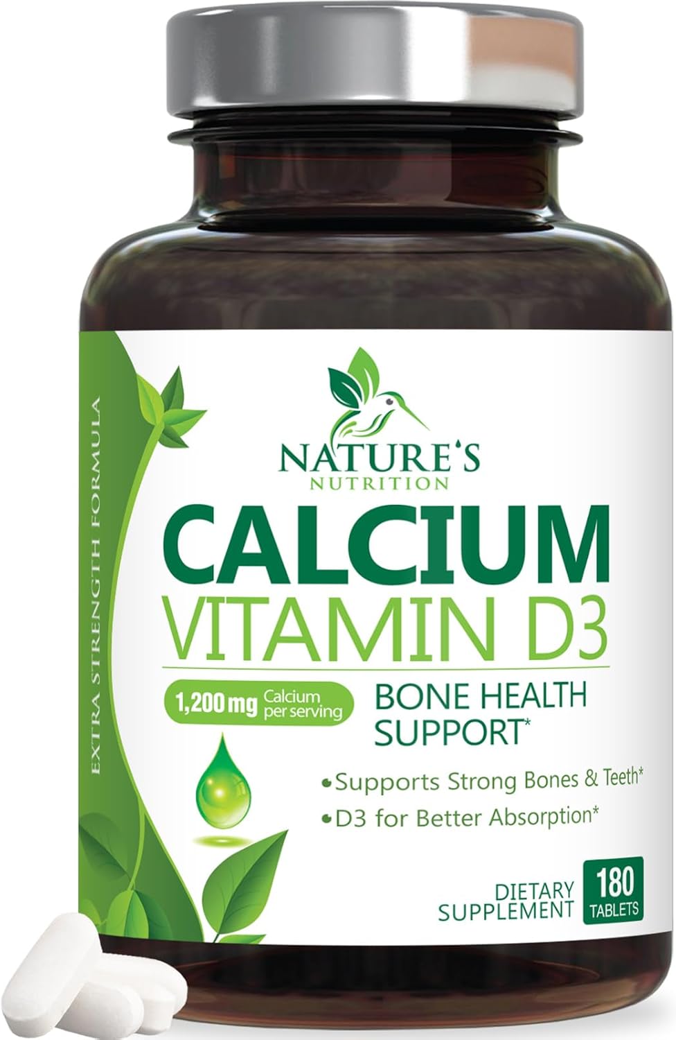 High Strength Calcium 1200mg with Vitamin D3 for Bone & Teeth Health - 180 Tablets, Natural Calcium Supplement for Women & Men